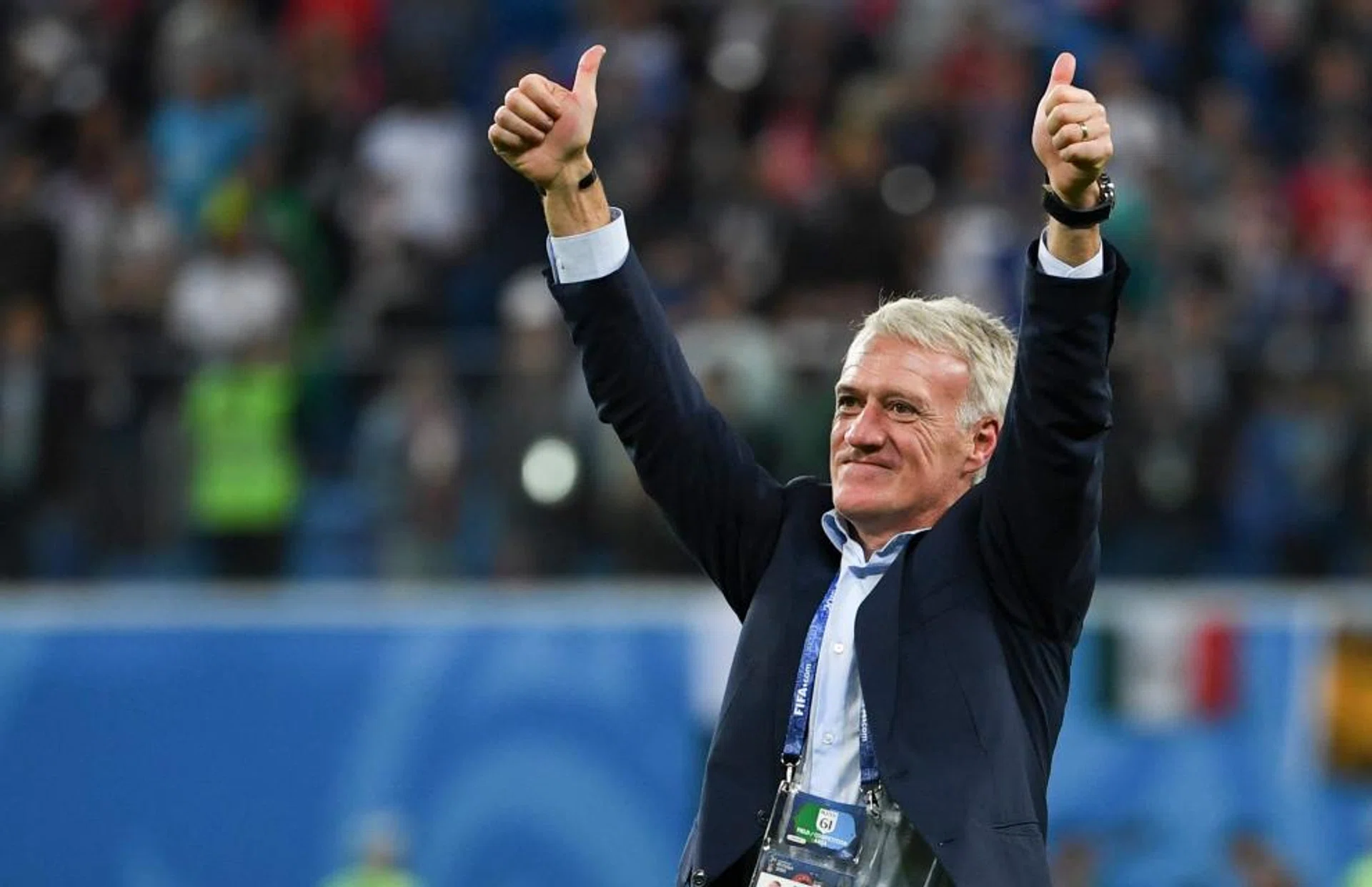France coach Didier Deschamps celebrating his team's semi-final victory over Belgium.