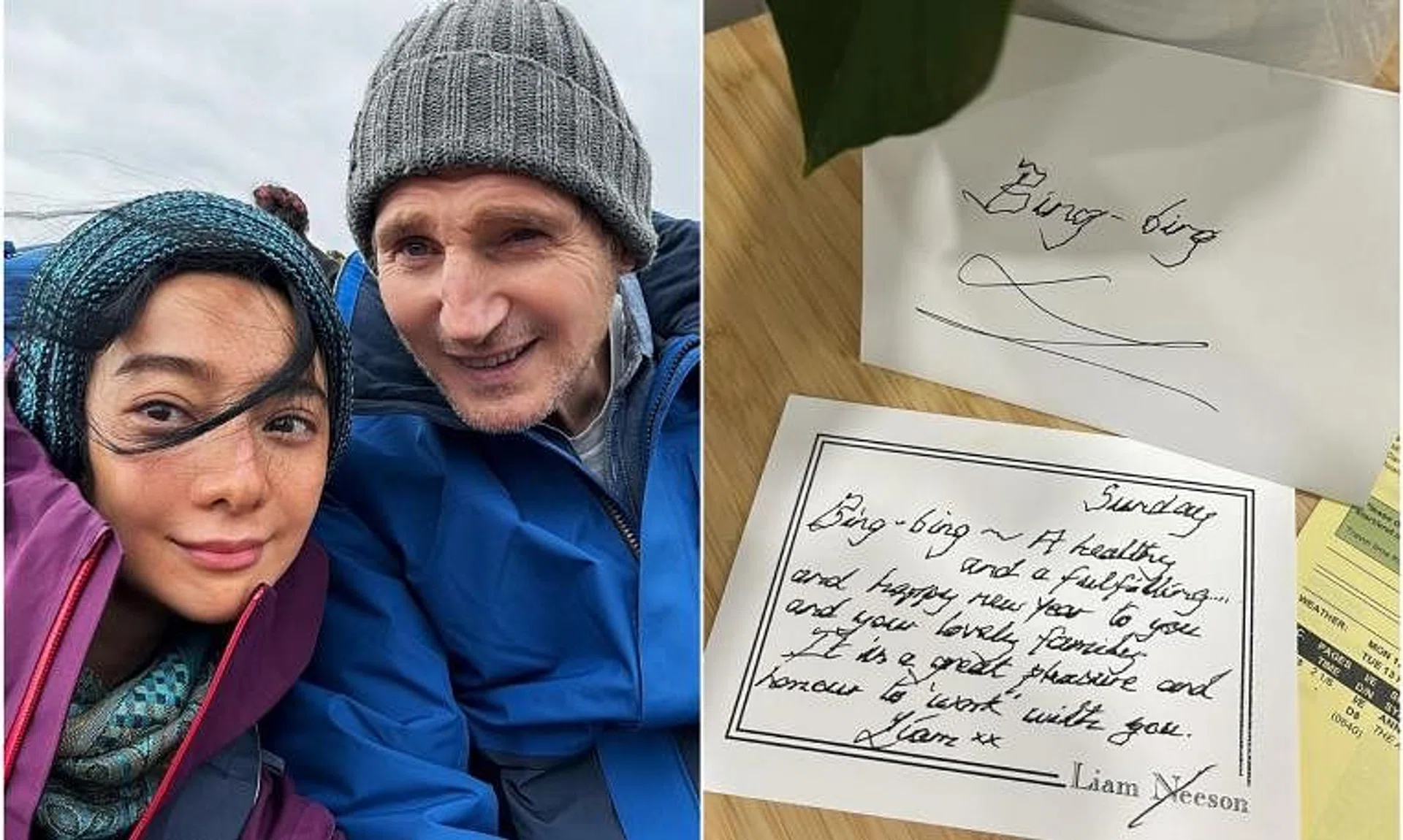 Chinese actress Fan Bingbing posted on social media a photo with Hollywood actor Liam Neeson, with both dressed in snow suits.
