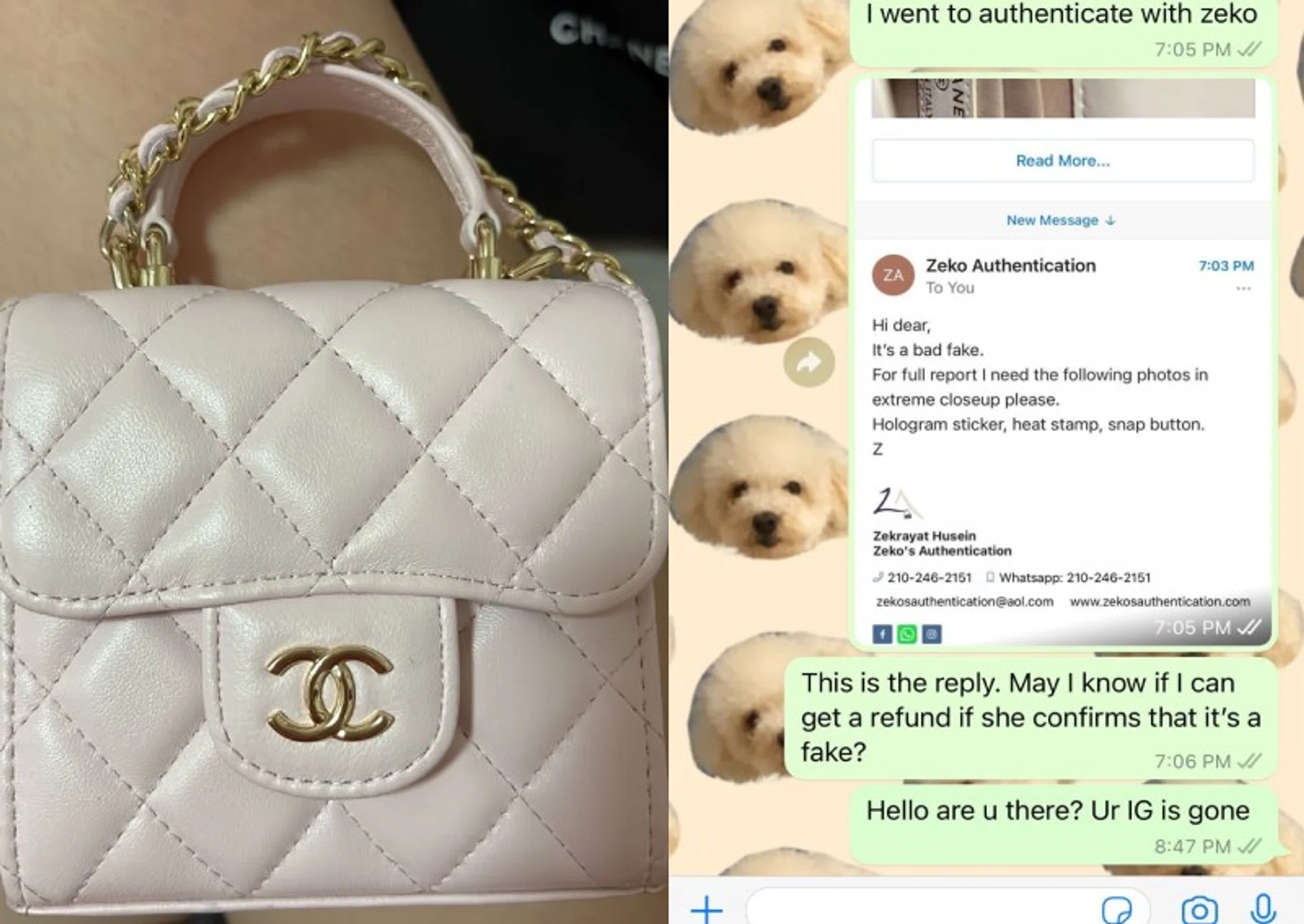 (Right) The Chanel bag that Lee bought, which turned out to a fake. 