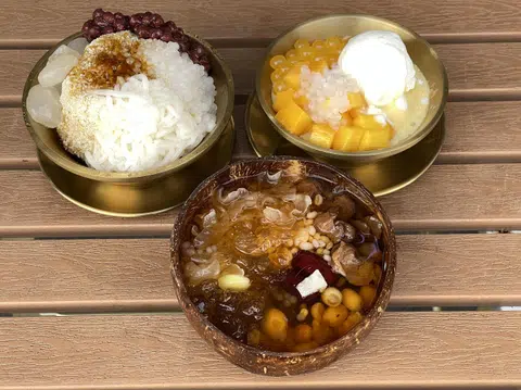 Chow Zan Dessert's (clockwise from top left) White Chendol, Mango Sago With Mango Pop And Coconut Ice Cream and Eight Treasure Cheng Tng.