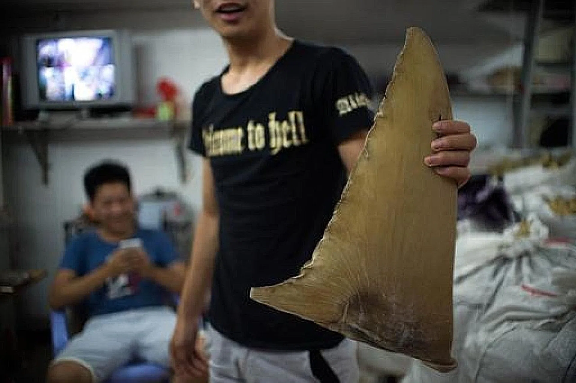A worker holding a dried shark's fin. 