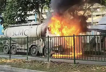 Cement mixer truck catches fire in Boon Lay