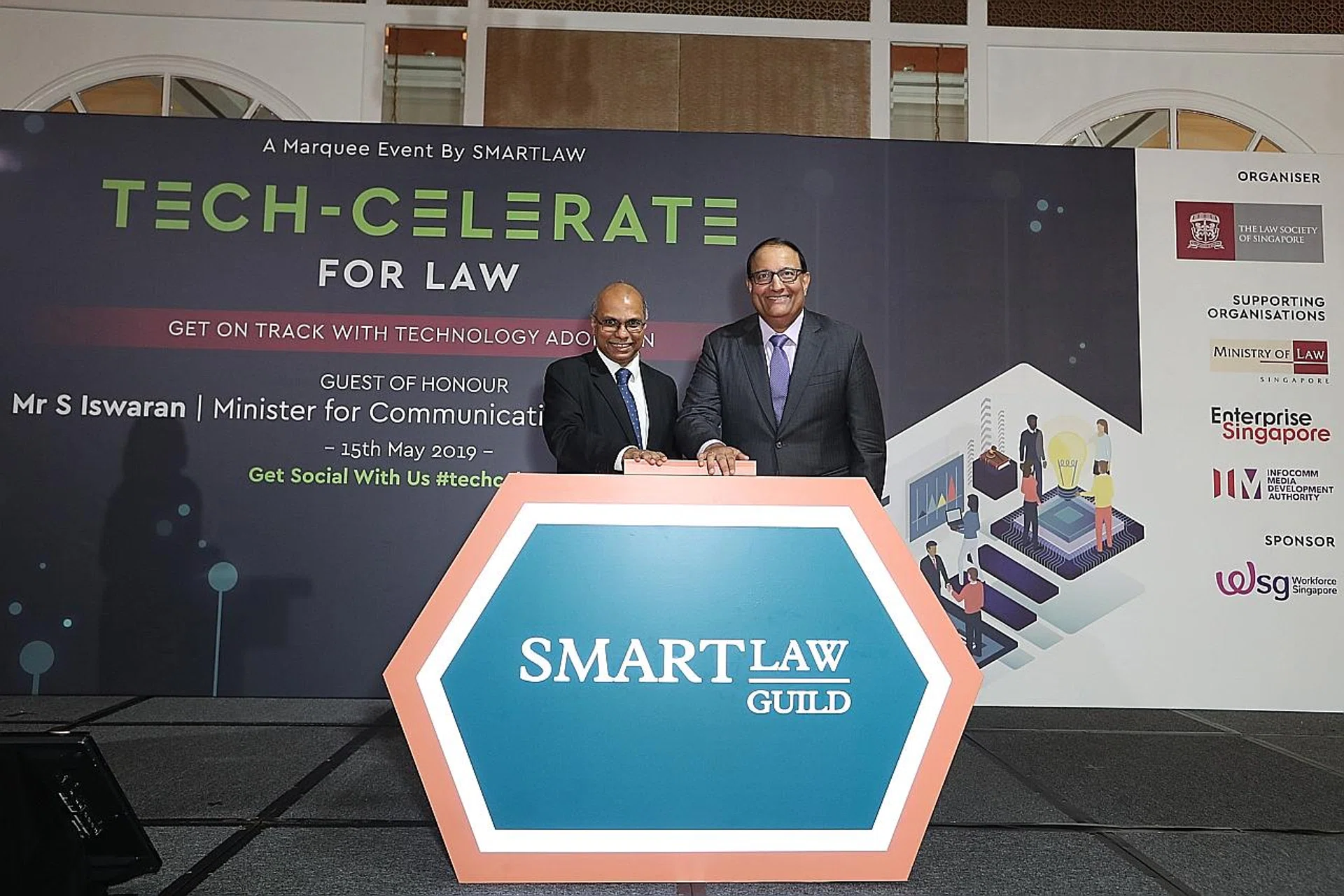 (From left) Law Society of Singapore president Gregory Vijayendran with Minister for Communications and Information S. Iswaran at the launch of the SmartLaw Guild. 