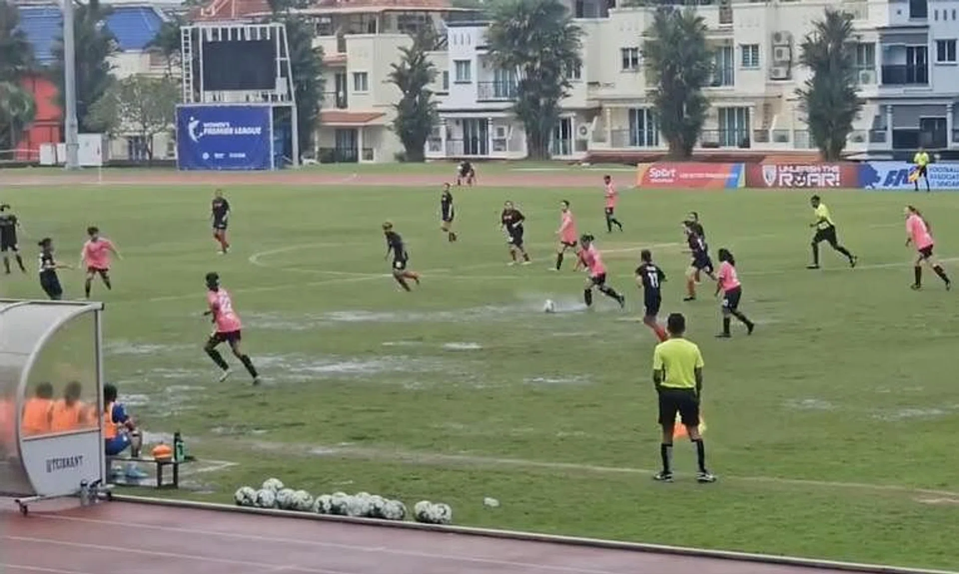 The pitch at Choa Chu Kang Stadium was heavily waterlogged after it rained on March 10, seriously impacting play.