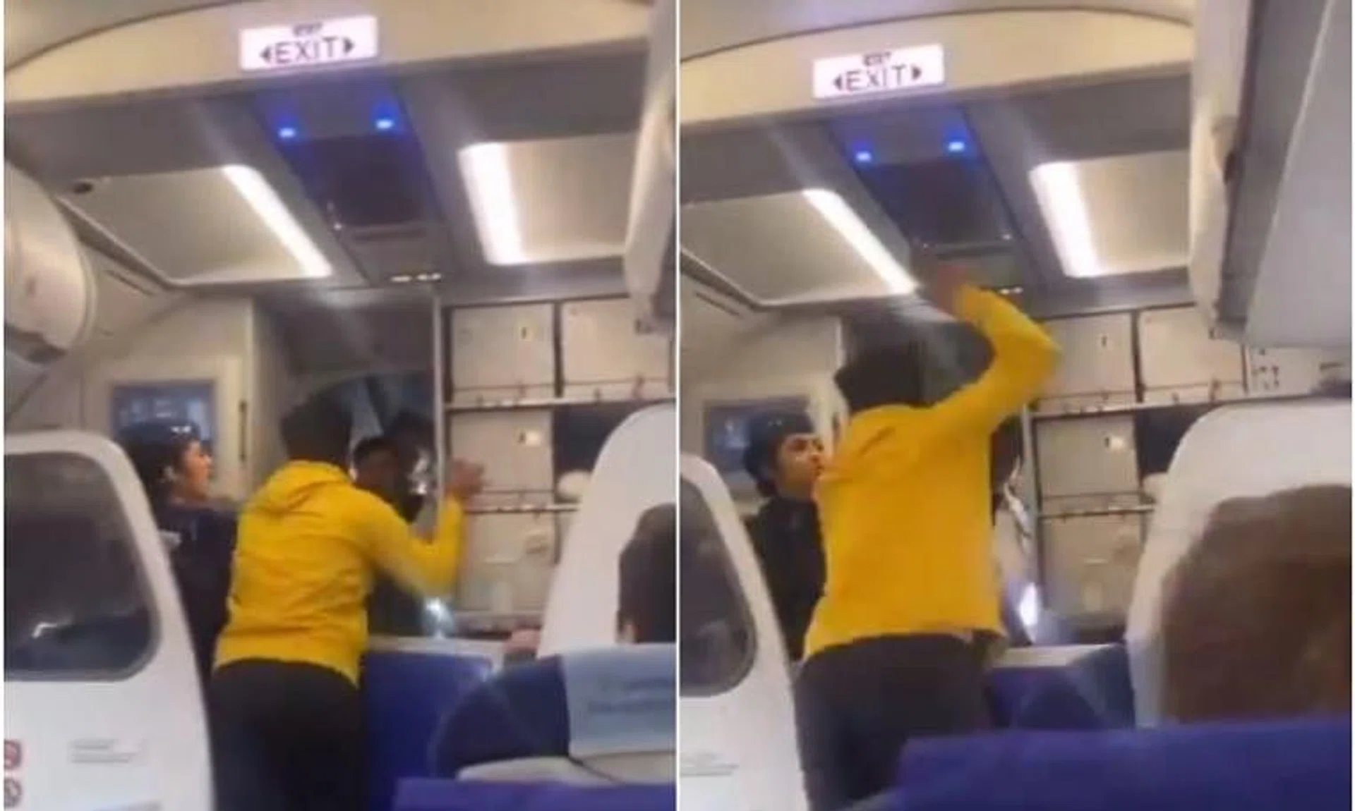 The passenger aggressively swings his arm and slaps the pilot, sending him backwards.