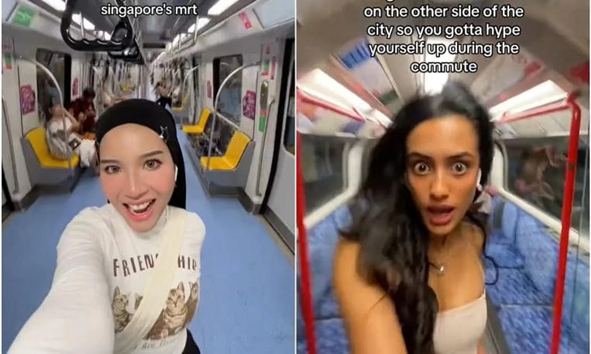 Ms Siti Nurhidayah Sajuna (left) burst into an energetic dance routine on the MRT following a trend started by TikToker Sabrina Bahsoon.