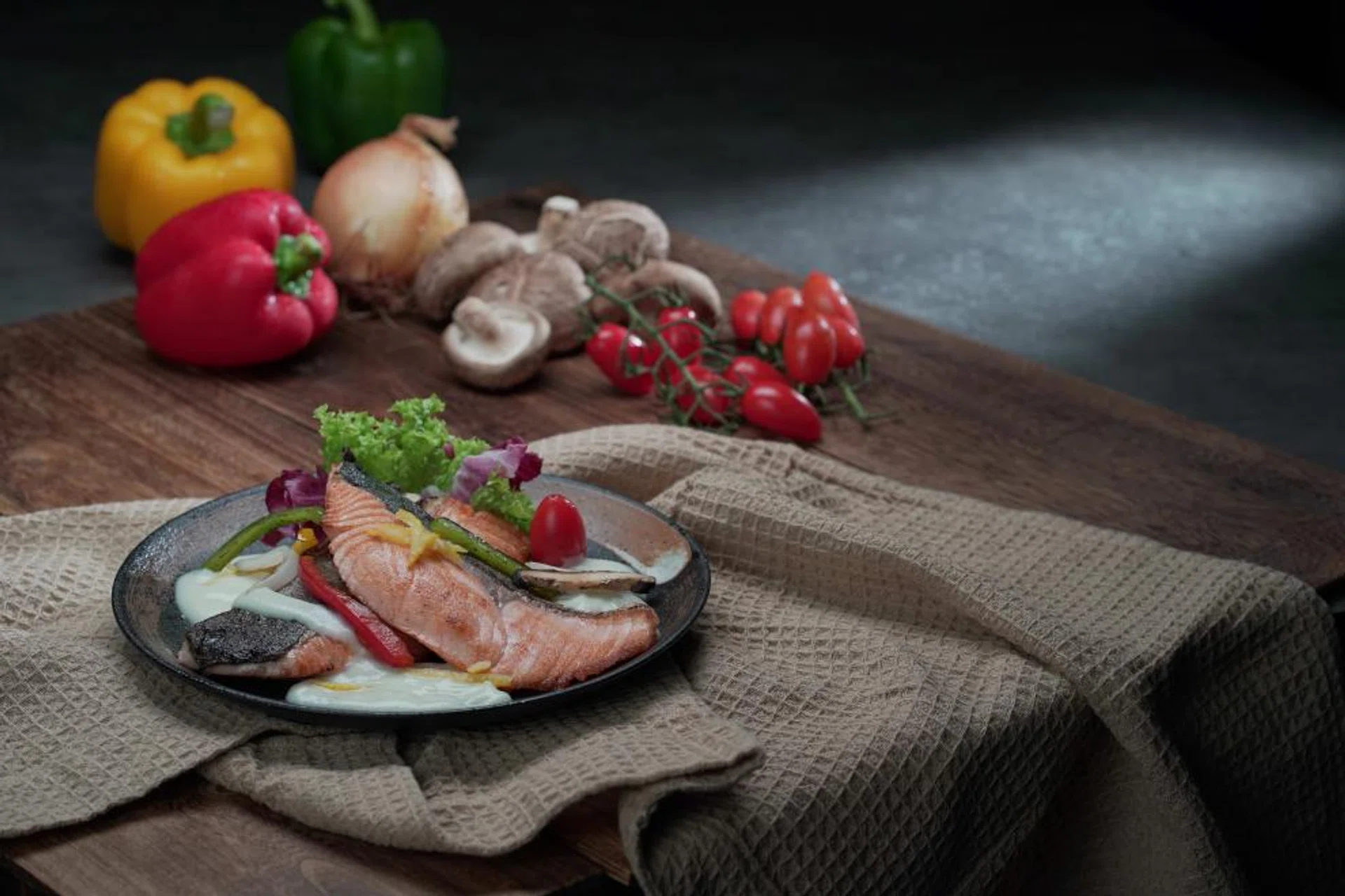 Salmon with creamy yuzu sauce.