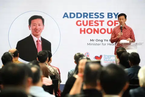 Health Minister Ong Ye Kung delivering a speech at an event commemorating the 55th anniversary of the Singapore Heart Foundation on April 6.