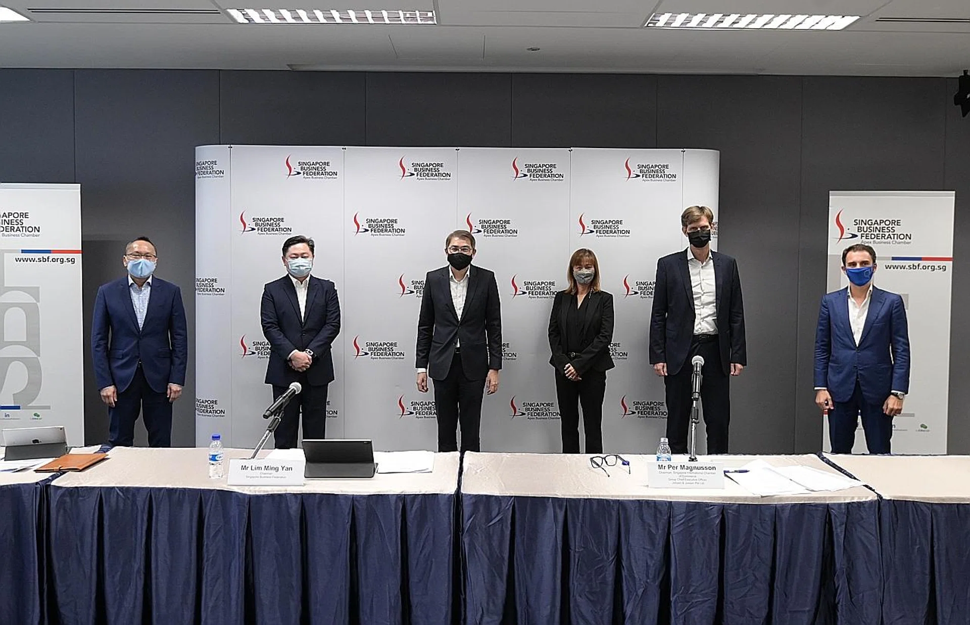 (From left) Association of Banks in Singapore vice-chairman John Lee, president of the Restaurant Association of Singapore Andrew Kwan; Singapore Business Federation chairman Lim Ming Yan; SGTech executive director Yean Cheong; Singapore International Chamber of Commerce chairman Per Magnusson; and European Chamber of Commerce in Singapore president Federico Donato.