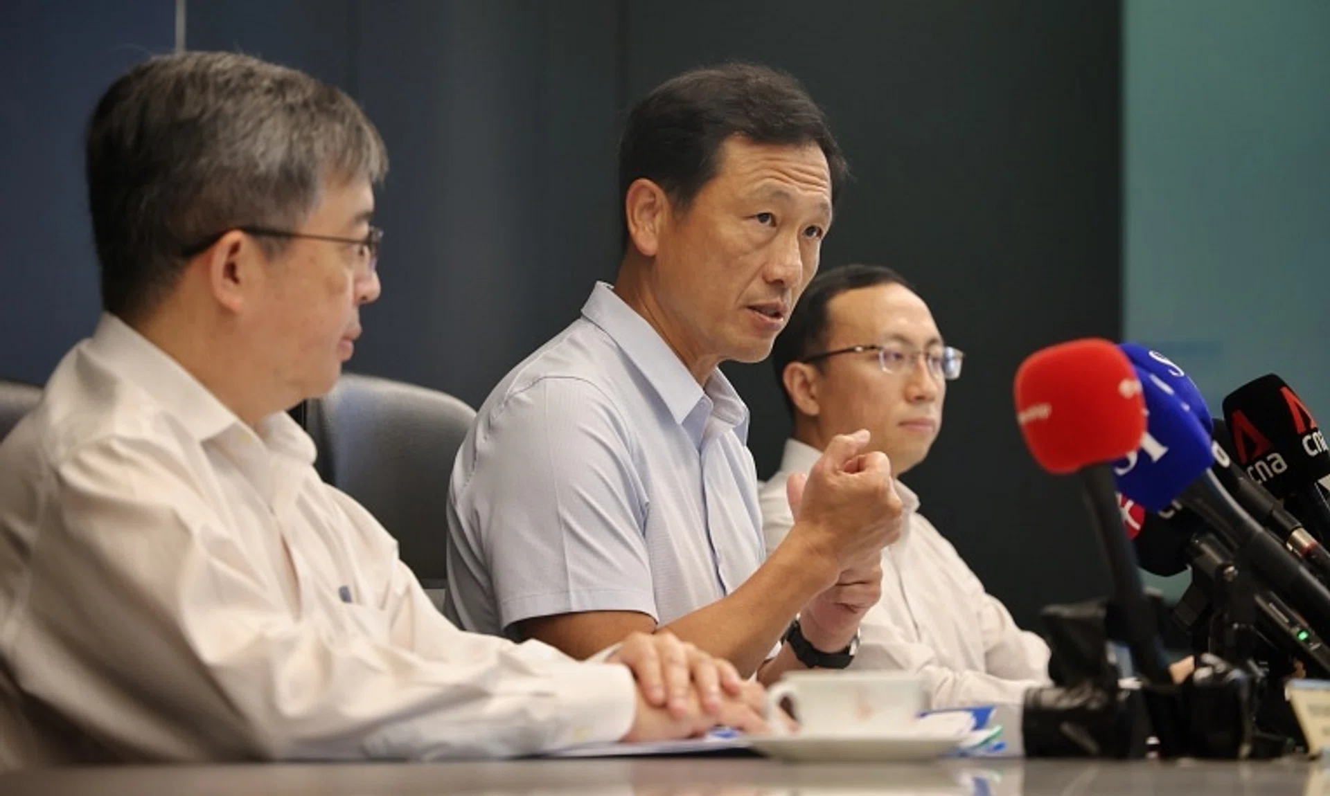 (From left) Director-General of Health Professor Kenneth Mak, Health Minister Ong Ye Kung, communicable diseases policy and preparedness division consultant Dr Marc Ho at a press conference on preparedness for mpox on Sept 4.