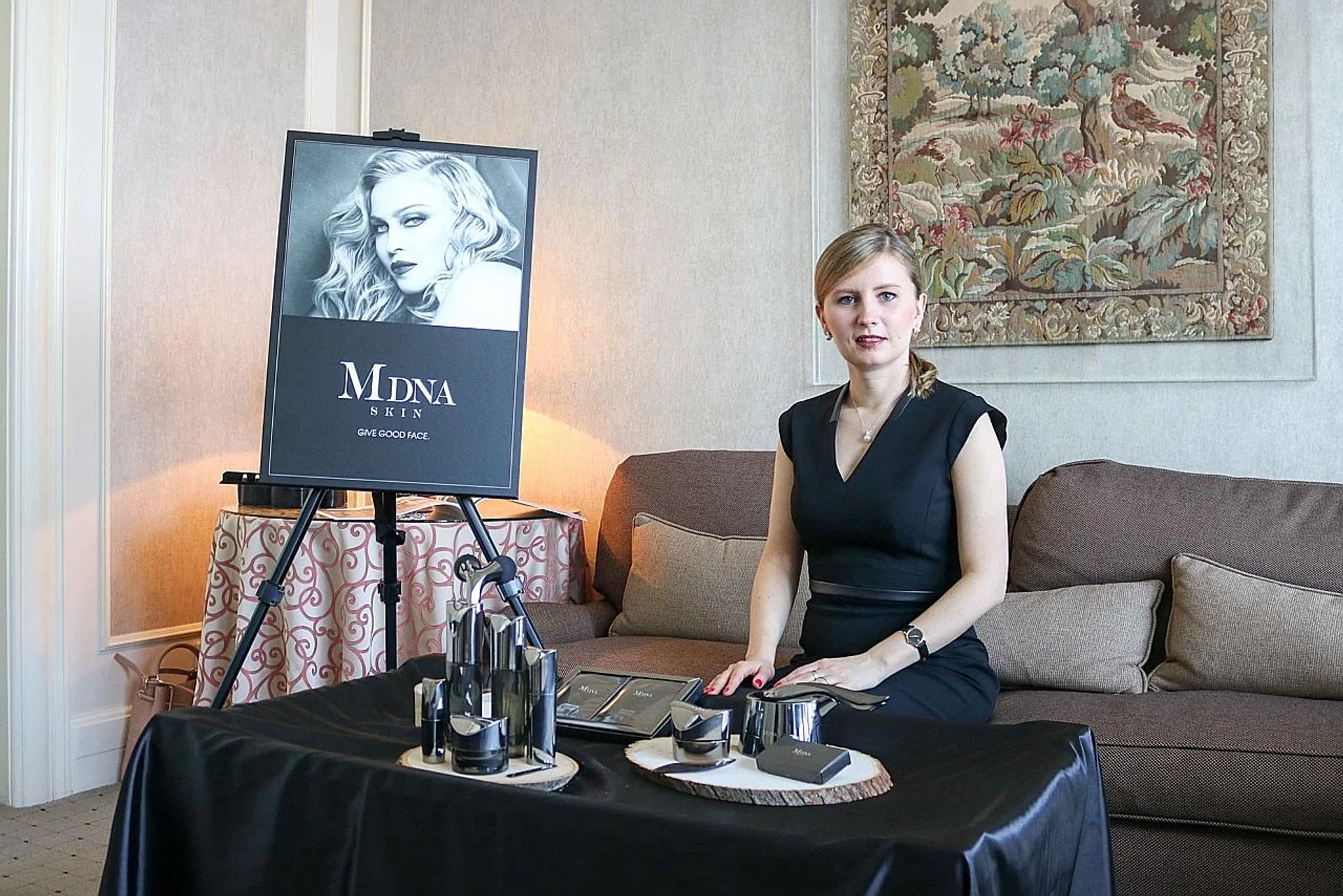 Brand ambassador of MDNA SKIN, Ms Edyta Jarosz, showcasing the nine products in the skincare line. 