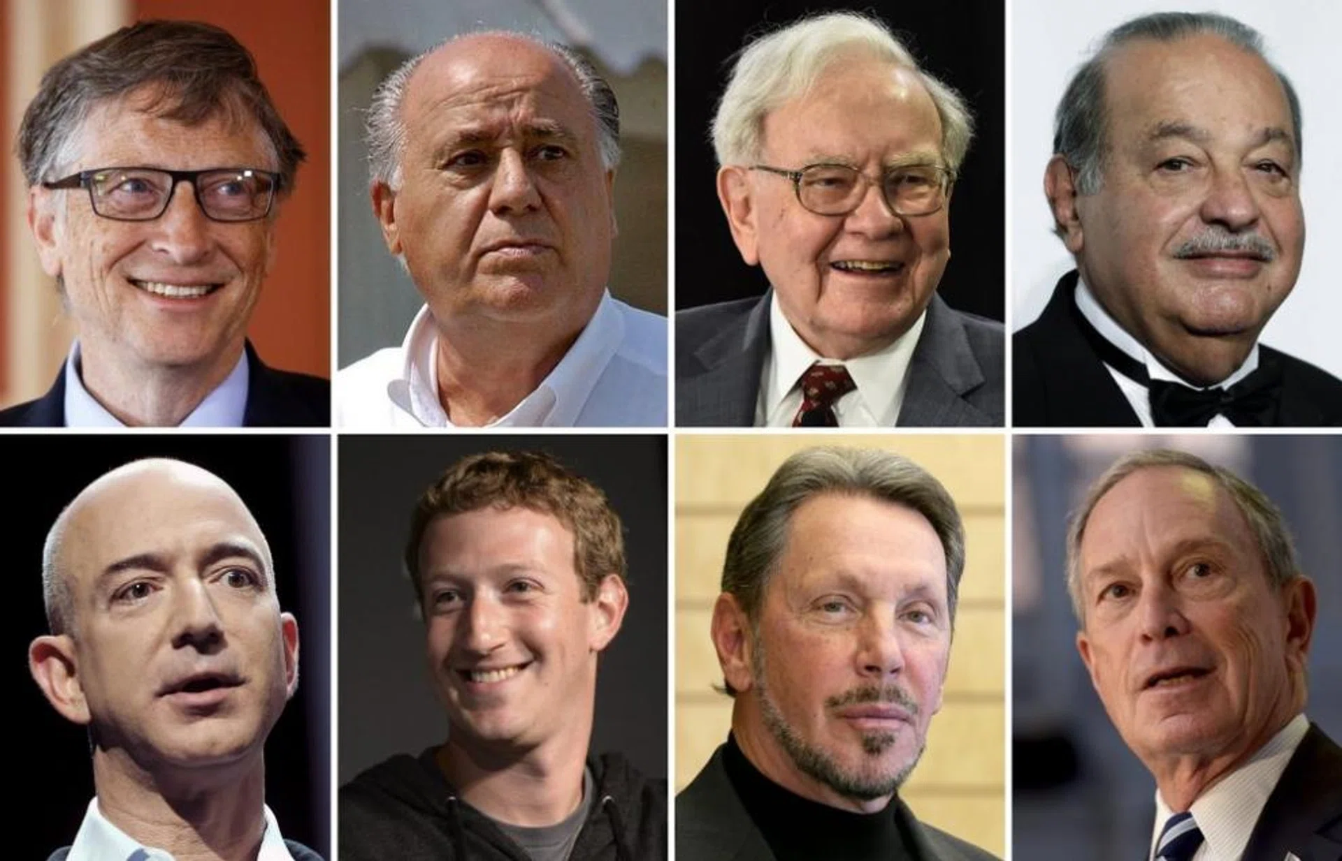 The eight richest people of the world, (top row, left to right) Microsoft founder Bill Gates, Spanish Inditex fashion founder Amancio Ortega, US investor Warren Buffett, Telmex CEO Carlos Slim; (bottom row, left to right) Amazon CEO Jeff Bezos, Facebook founder Mark Zuckerberg, Oracle founder Larry Ellison, and Bloomberg CEO Michael Bloomberg.