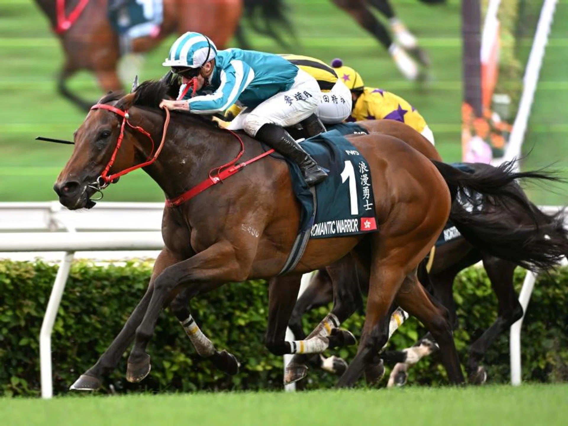 James McDonald guiding the Danny Shum-trained Romantic Warrior to his third FWD QEII Cup over 2,000m at Sha Tin racecourse on April 28.
