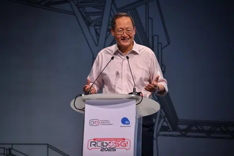 Manpower Minister and Second Minister for Trade and Industry Tan See Leng speaks at RoboSG! 2025 at Punggol Digital District on March 14.