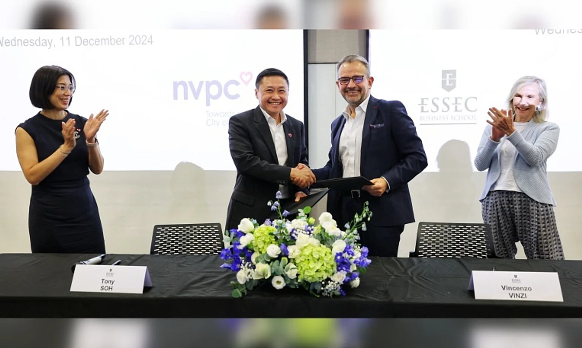 (From left) NVPC vice-chairwoman Chong Ee Rong, NVPC CEO Tony Soh, Essec Business School’s dean and president Vincenzo Vinzi and president of the board of directors Annick Schwebig at a signing of an MOU.