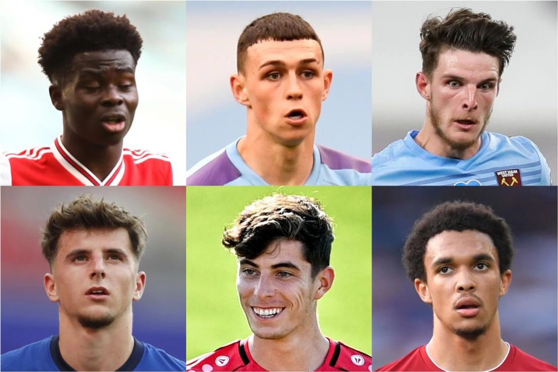 Clockwise from top right, Bukayo Saka, Phil Foden, Declan Rice, Trent Alexander-Arnold, Kai Havertz and Mason Mount. 