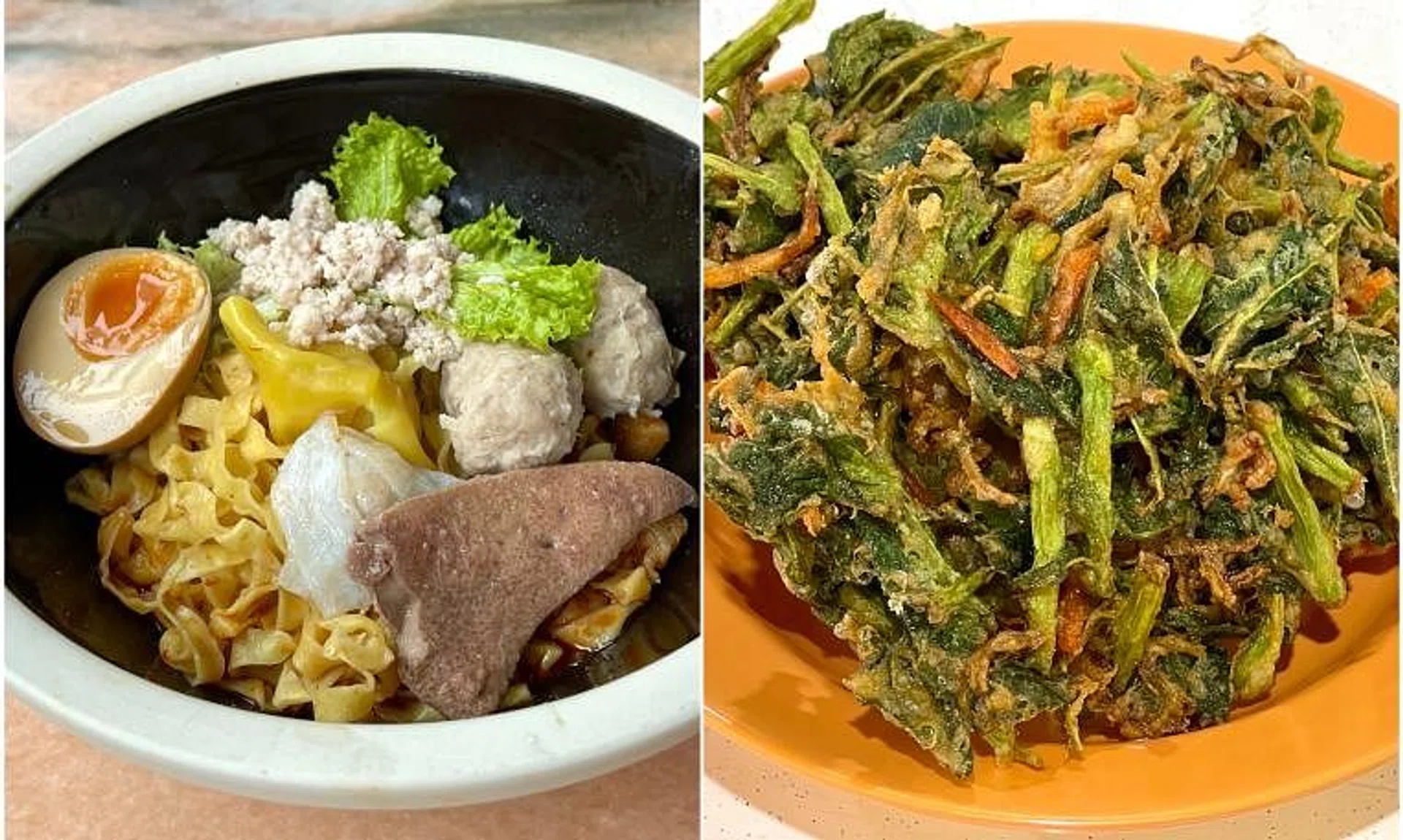 Guan’s Classic Mee Pok (left) and Vegetable fritters at Jia Le Vegetarian in Yishun.