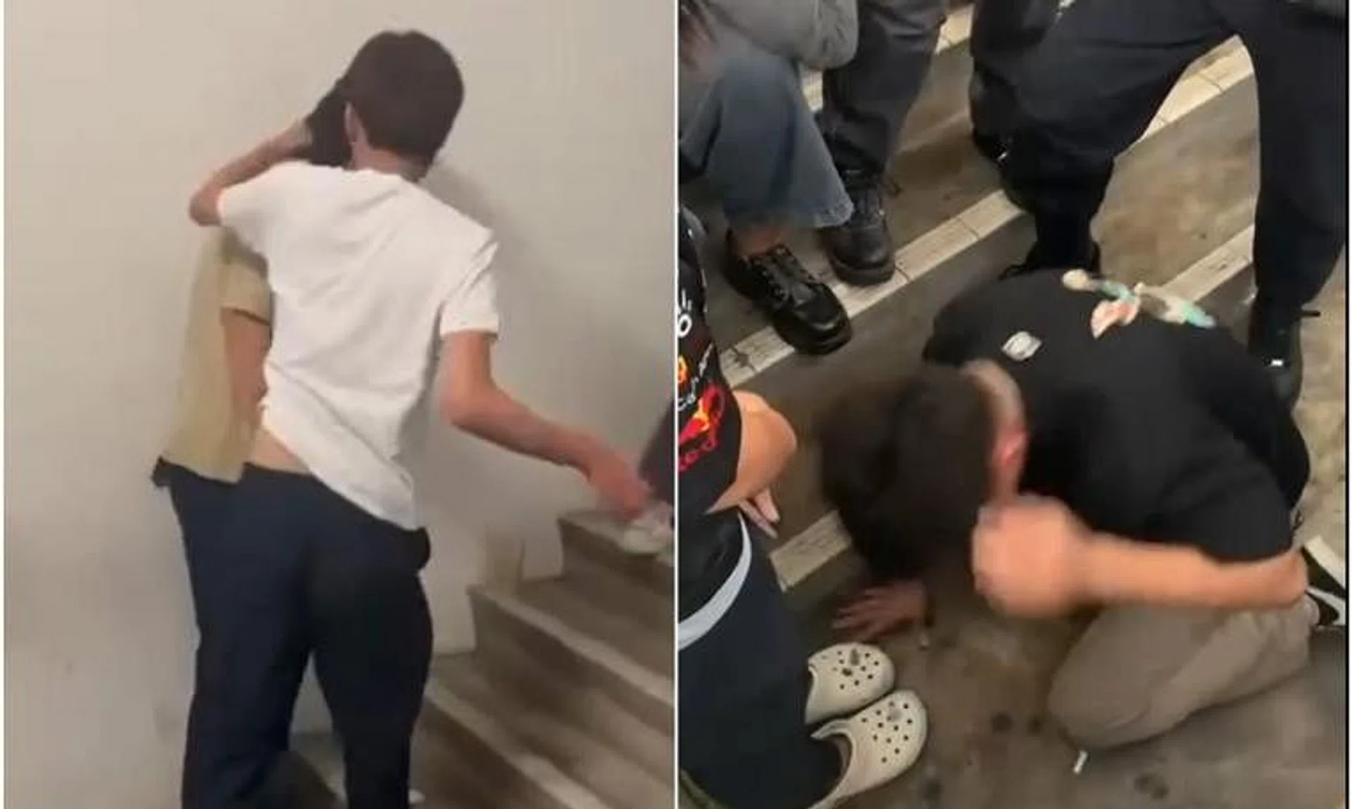 In one of the videos, a teenage boy is seen on his knees in a stairwell and is asked to kiss the shoes of a teenage girl.