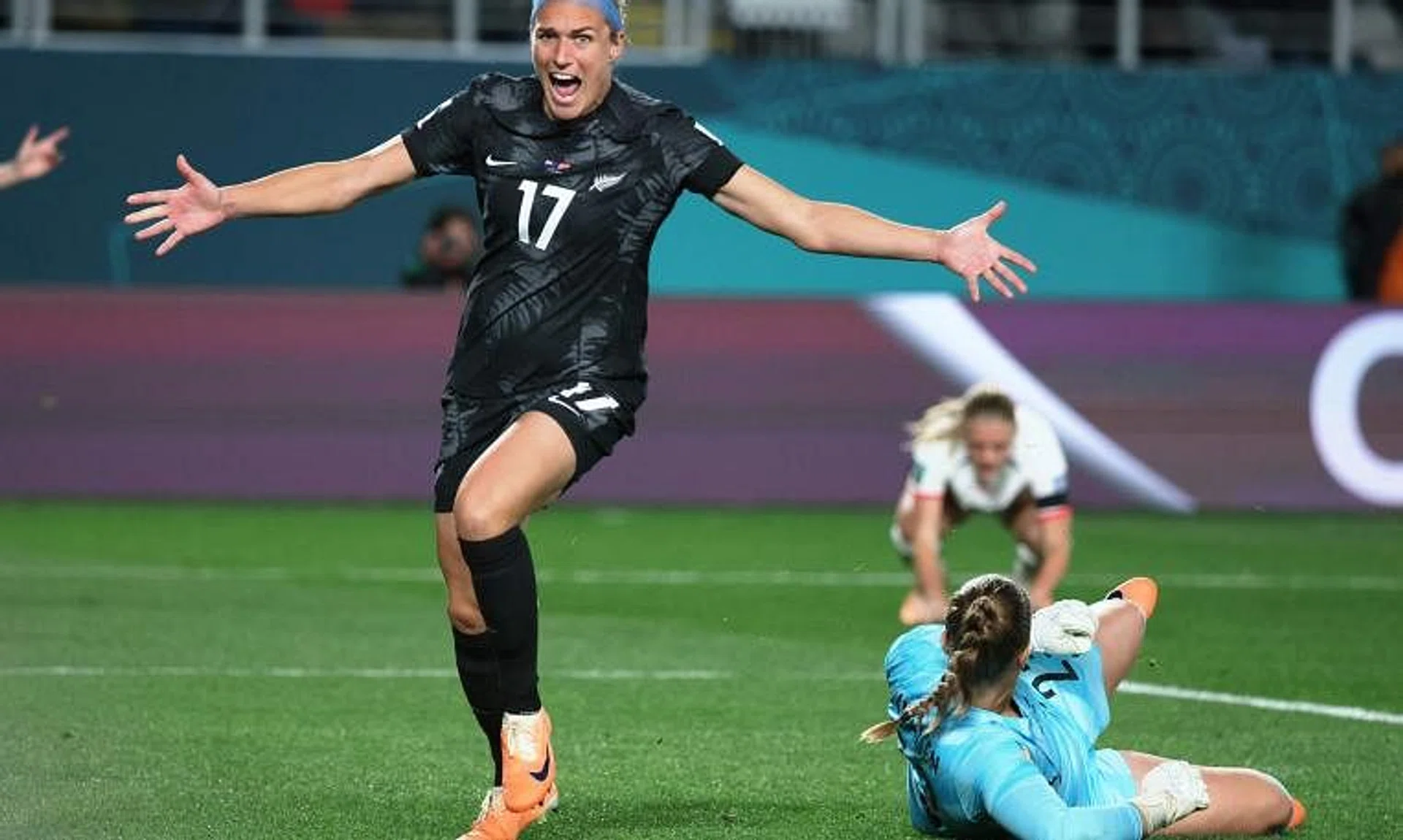 New Zealand's Hannah Wilkinson celebrating after scoring in the 1-0 Women's World Cup win over Norway at Eden Park in Auckland on July 20, 2023. 