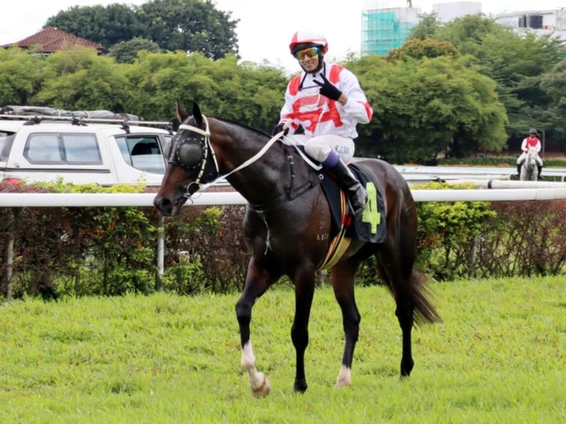 Brandenburg (Harmeet Singh Gill) returning to scale after scoring in a Class 4A race (1,300m) in Ipoh on Nov 30. The Tan Eng Peow-trained galloper was headed in the home straight but fought his way back to bring up a third win in a row. 
