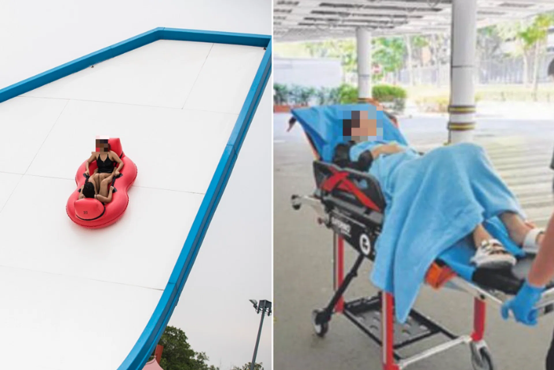 "Slide Up" (seen on the left from a photo illustration from Wild Wild Wet) is a four-storey ramp slide in the shape of a half-pipe, where up to two riders sitting on a float are released from the top of the slide. Ms Li had to be taken to the hospital (right). 