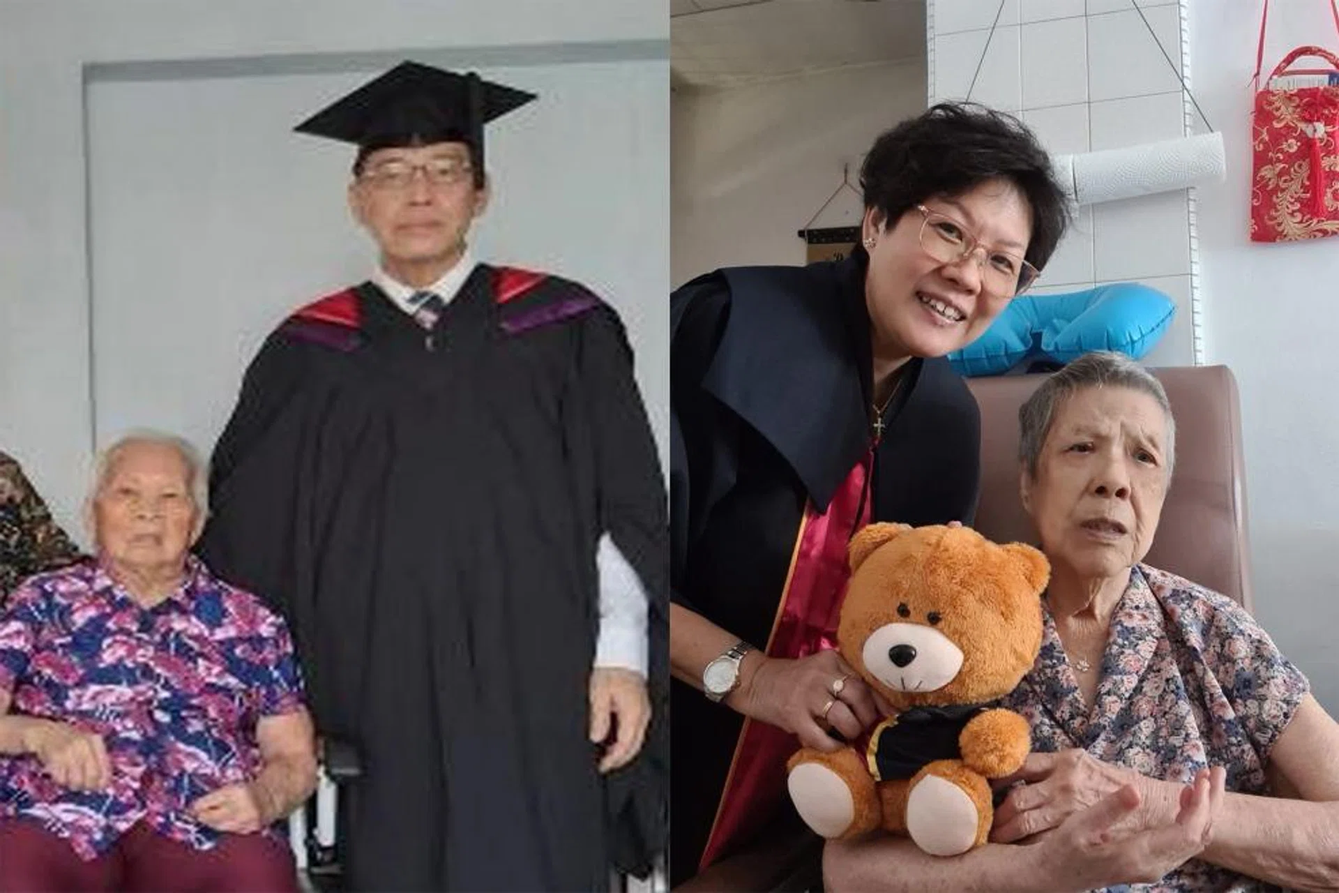 (Left) Dr Aw Yong Keong Poh with his mother after graduating on May 4. (Right) Ms Ng Joon Lin with her mother, who has Alzheimer's disease. 