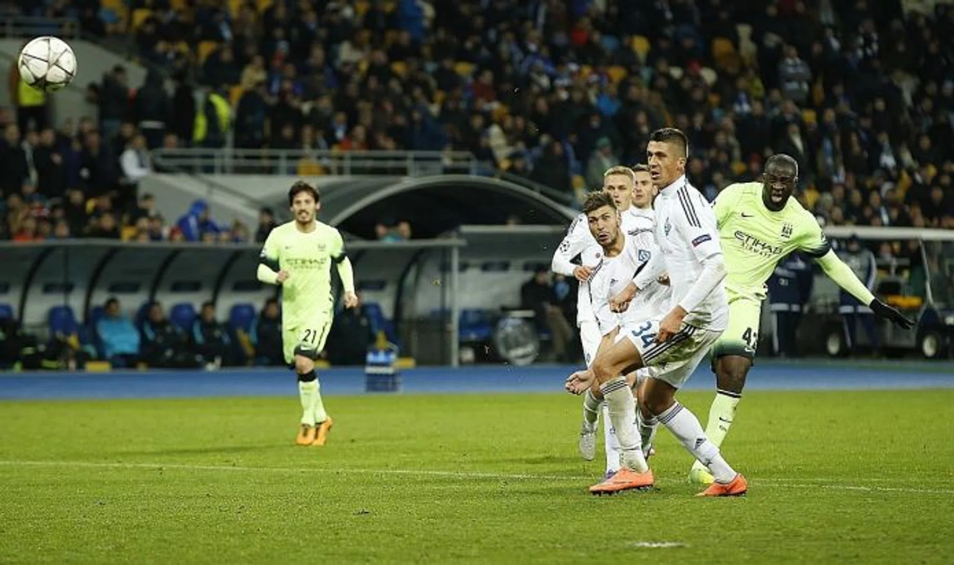 BELTER: Yaya Toure (far right) scores Manchester City's clincher in their 3-1 Champions League win over Dynamo Kiev.