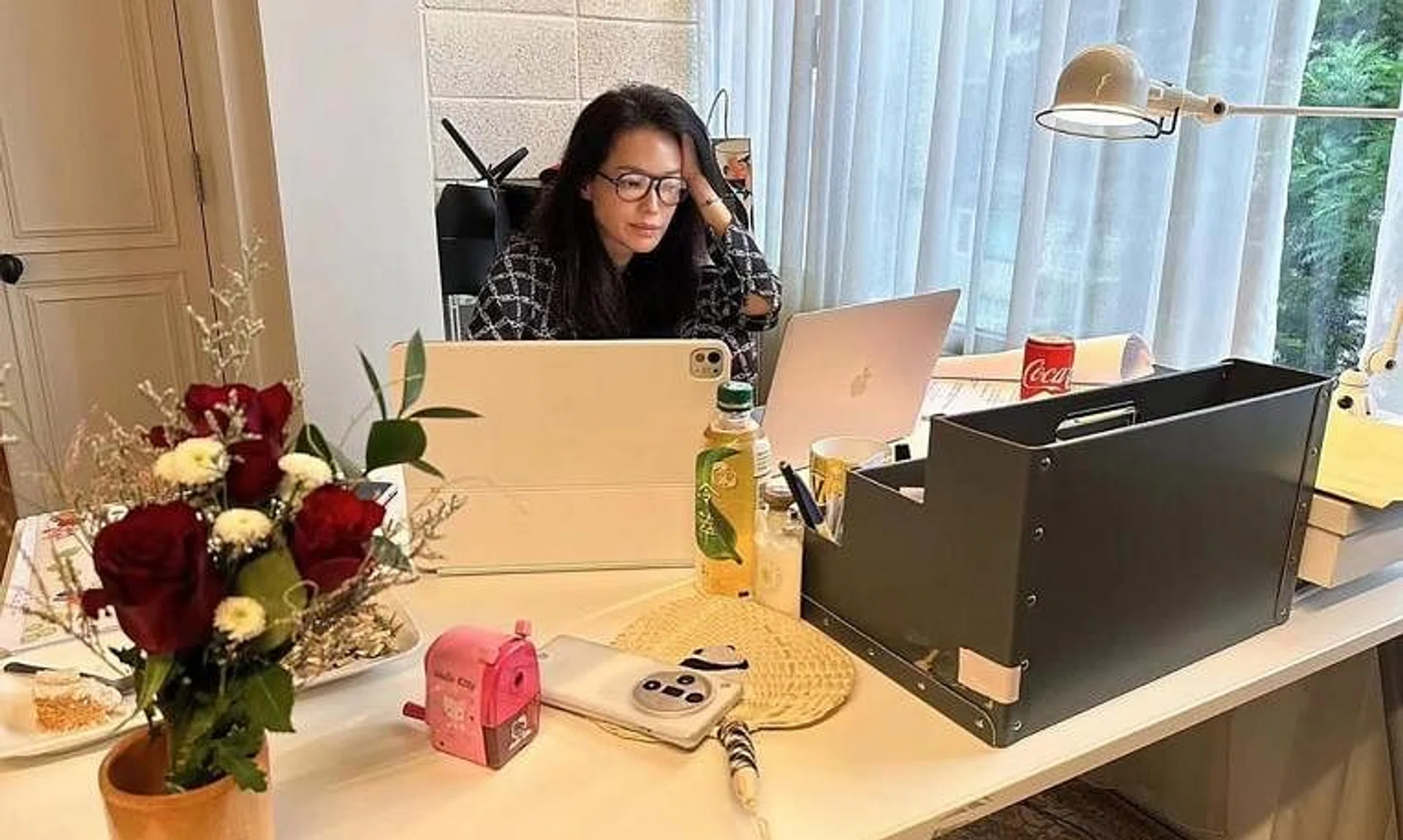 Shu Qi posted a photo of herself using the laptop on social media on July 24.