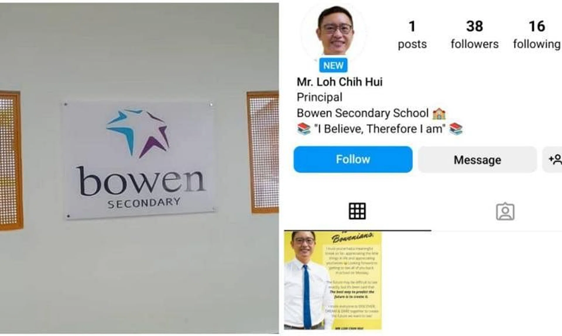 An Instagram account impersonating Bowen Secondary School's principal, Mr Loh Chih Hui, currently has 38 followers.