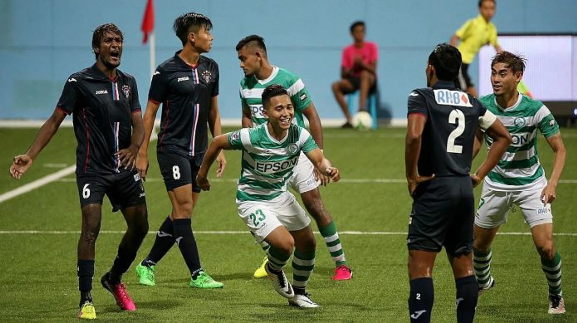 EAGLES  STRIKE BACK: Geylang International striker Sahil Suhaimi (No. 23) celebrating after scoring his side's  first goal.