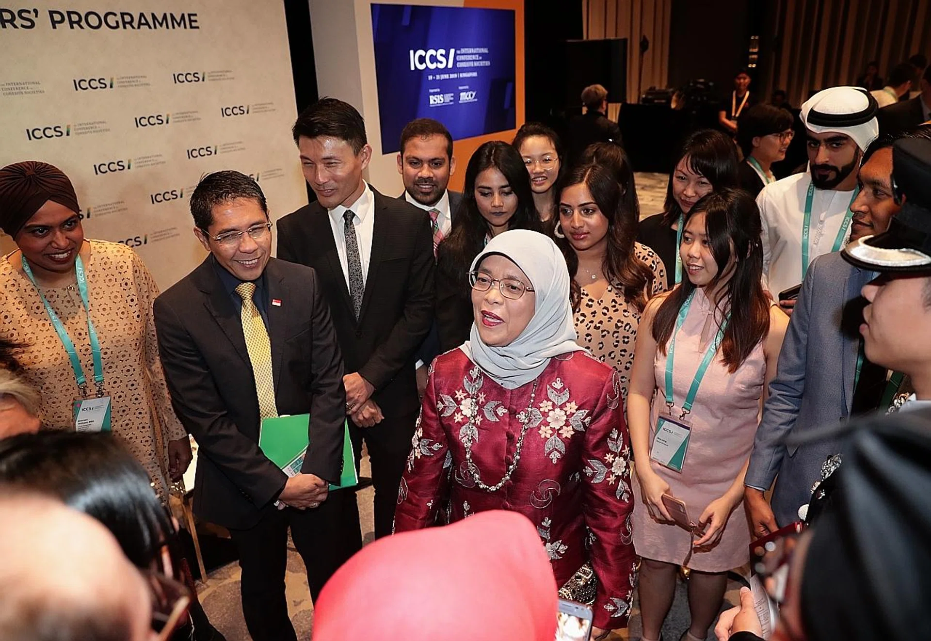 President Halimah Yacob (centre) at the International Conference on Cohesive Societies. 