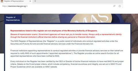 A screenshot of the Register of Representatives portal that the authorities say is not a list of MAS employees.