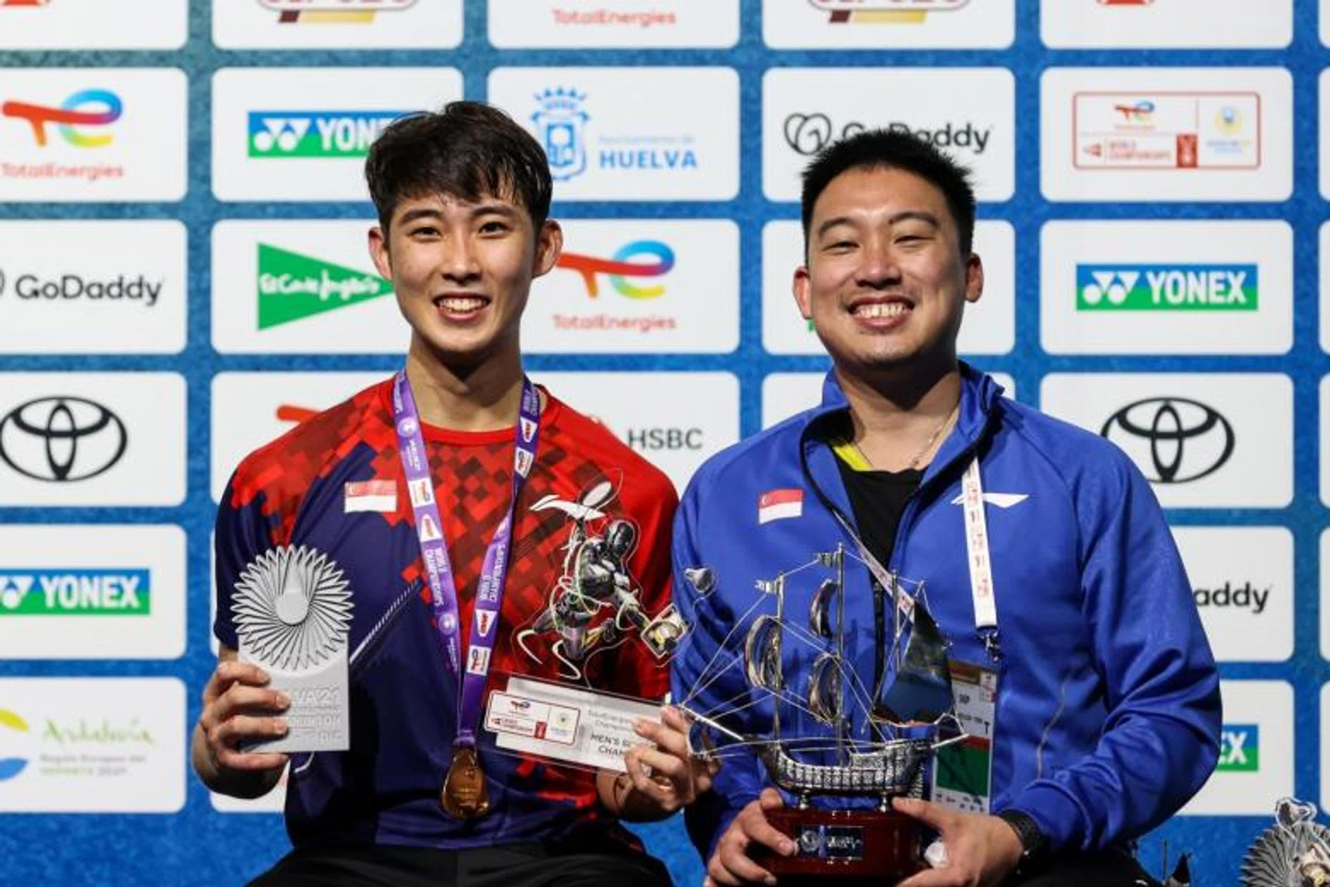 National shuttler Loh Kean Yew (left) and his coach Kelvin Ho at the BWF World Championships, in Huelva, Spain, on Dec 19, 2021.