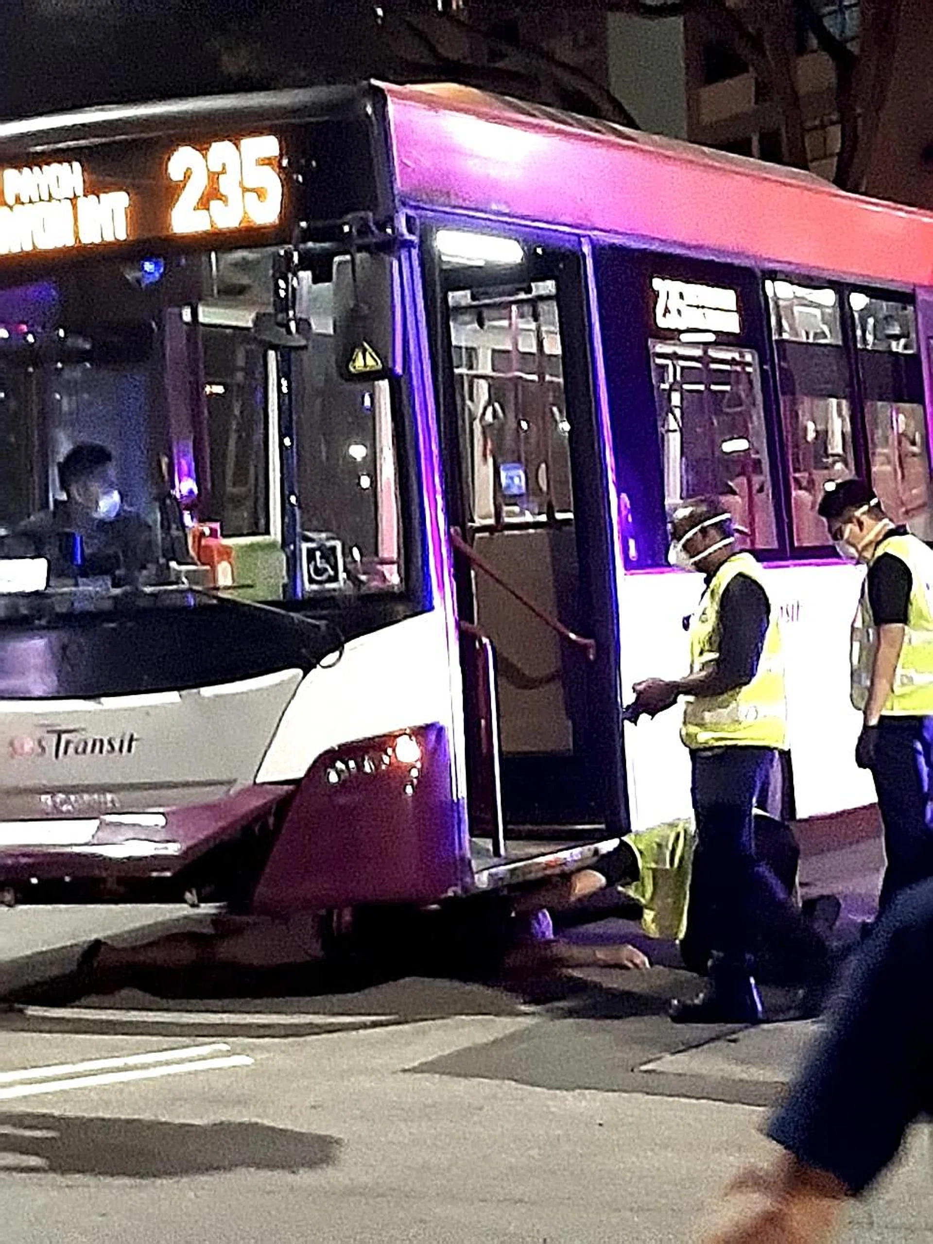 The man was trapped under the bus (above for around 15 minutes before he was taken to hospital. 