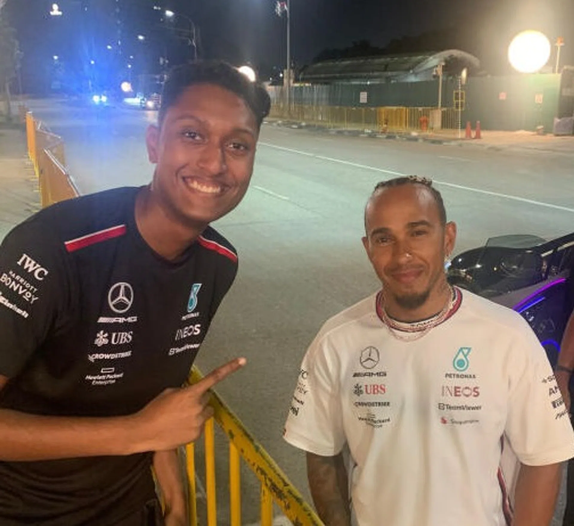 National serviceman Muhammad Thasbeeh was stunned when Lewis Hamilton stepped out of his car to pose for photos with him.