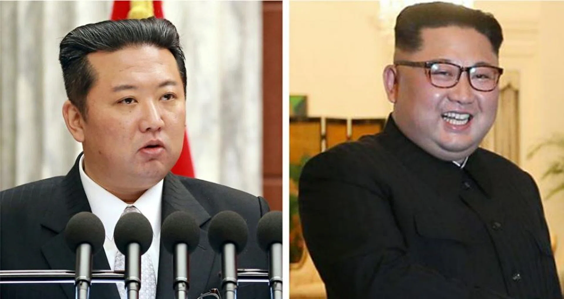 At left, a drastically slimmer Kim Jong Un seen this week addressing a ruling party meeting in North Korea, and at right, what the president looked like when he visited Singapore in 2018.