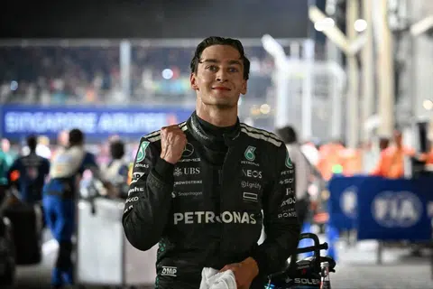 Mercedes driver George Russell after winning the Formula 1 2025 Singapore Airlines Singapore Grand Prix night race at the Marina Bay Street Circuit on Oct 5.