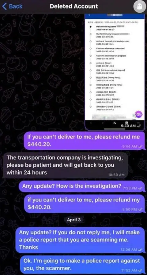 Mr Chen's chat history with the seller, whose account appears to be deleted.