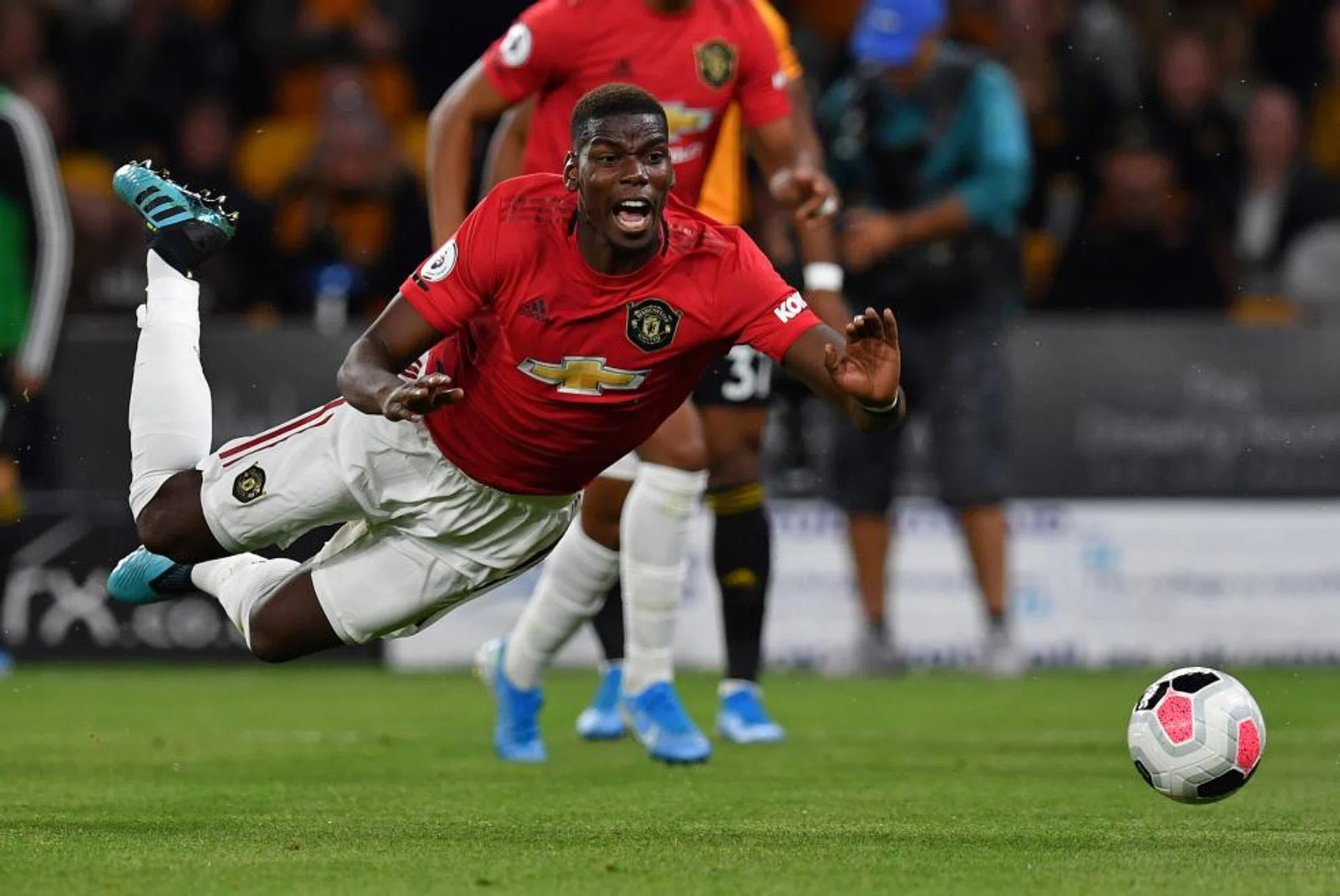 Manchester United's Paul Pogba earns a penalty after being fouled by Wolves' Conor Coady in the box. But Pogba subsequently missed from the spot.