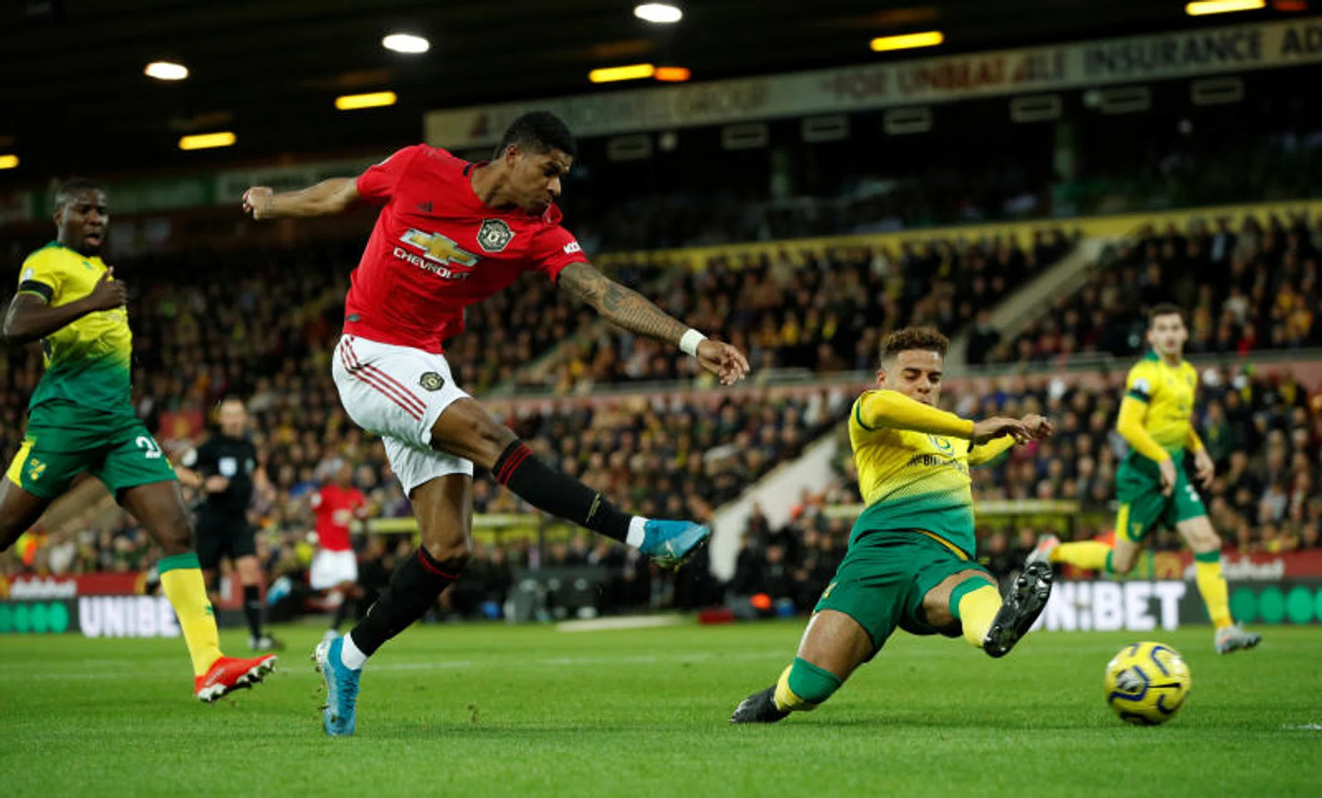 Marcus Rashford attempting a shot against Norwich City.