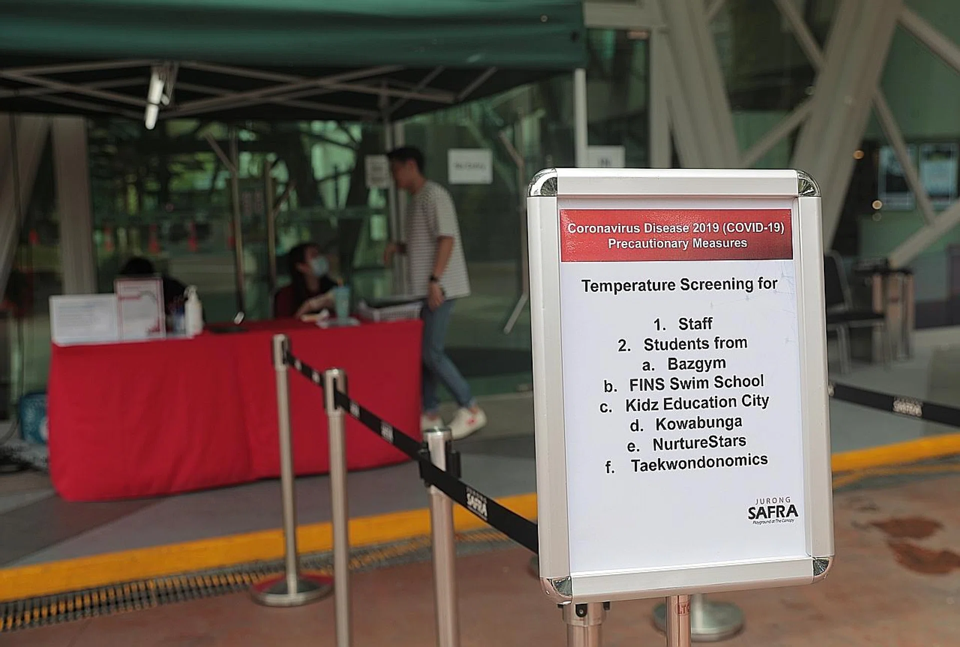 A temperature screening booth at Safra Jurong. 
