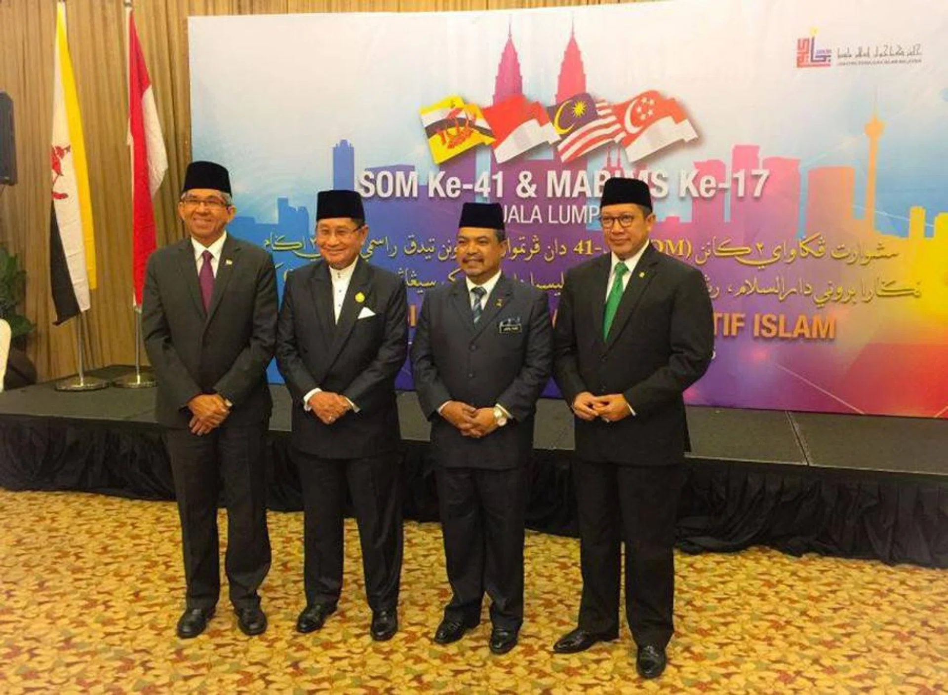 (From left) Minister-in-charge of Muslim Affairs Yaacob Ibrahim, Brunei Religious Minister Awang Badaruddin Awang Othman, Malaysia’s Minister in the Prime Minister’s Office Major-General Jamil Khir Baharom, and Indonesian Religious Minister Lukman Hakim Saifuddin. 