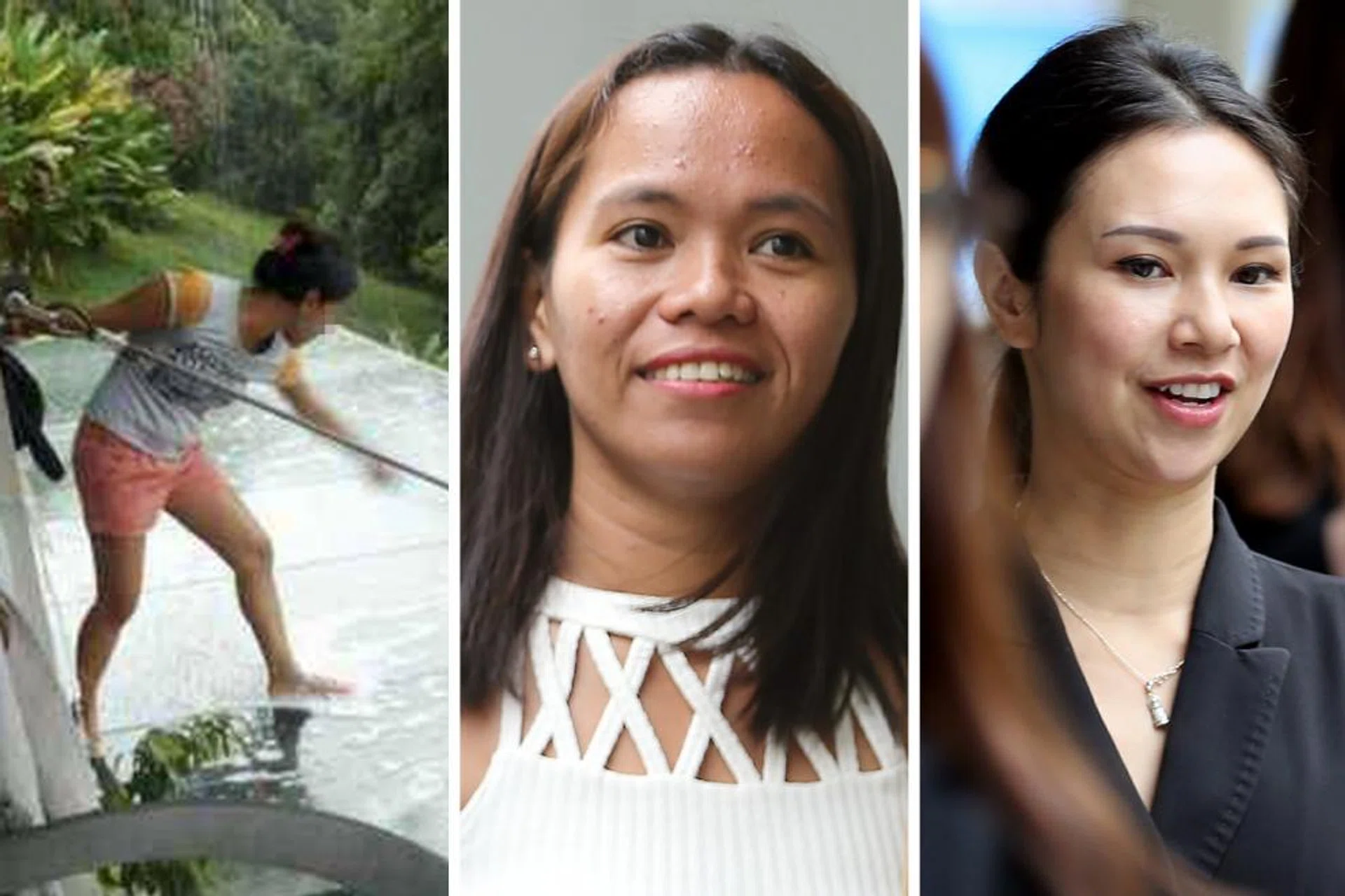 (From left) Ms Taculad Rose Mae Mata on the glass awning. Ms Mata outside court yesterday. Her former employer Belinda Huber alias Belinda Tran. 