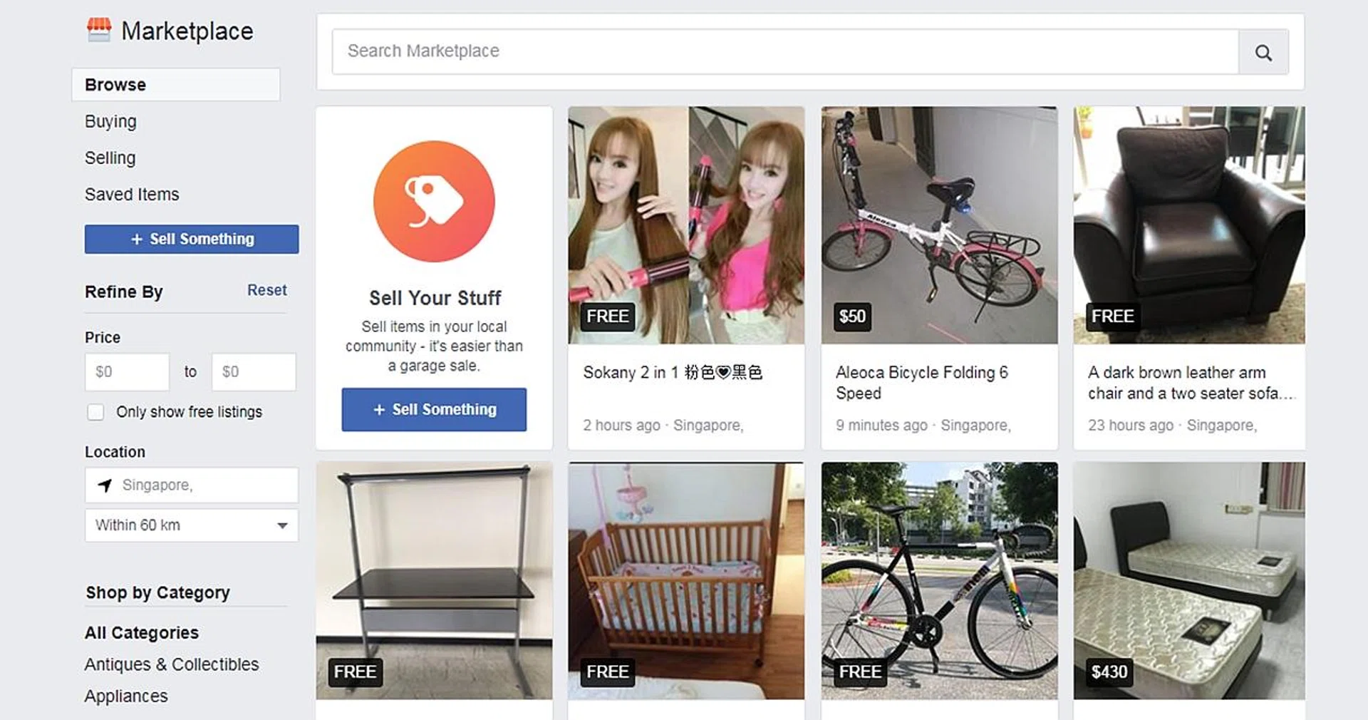 A screen grab of Marketplace, which is similar to local online platform Carousell. 