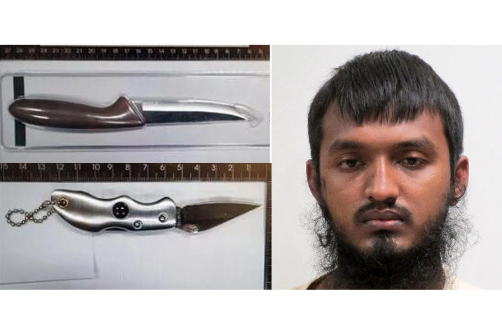 Some of the knives and blades found on Ahmed Faysal (above right), a 26-year-old Bangladeshi worker arrested under the Internal Security Act on Nov 2 for his involvement in terrorism-related activities.