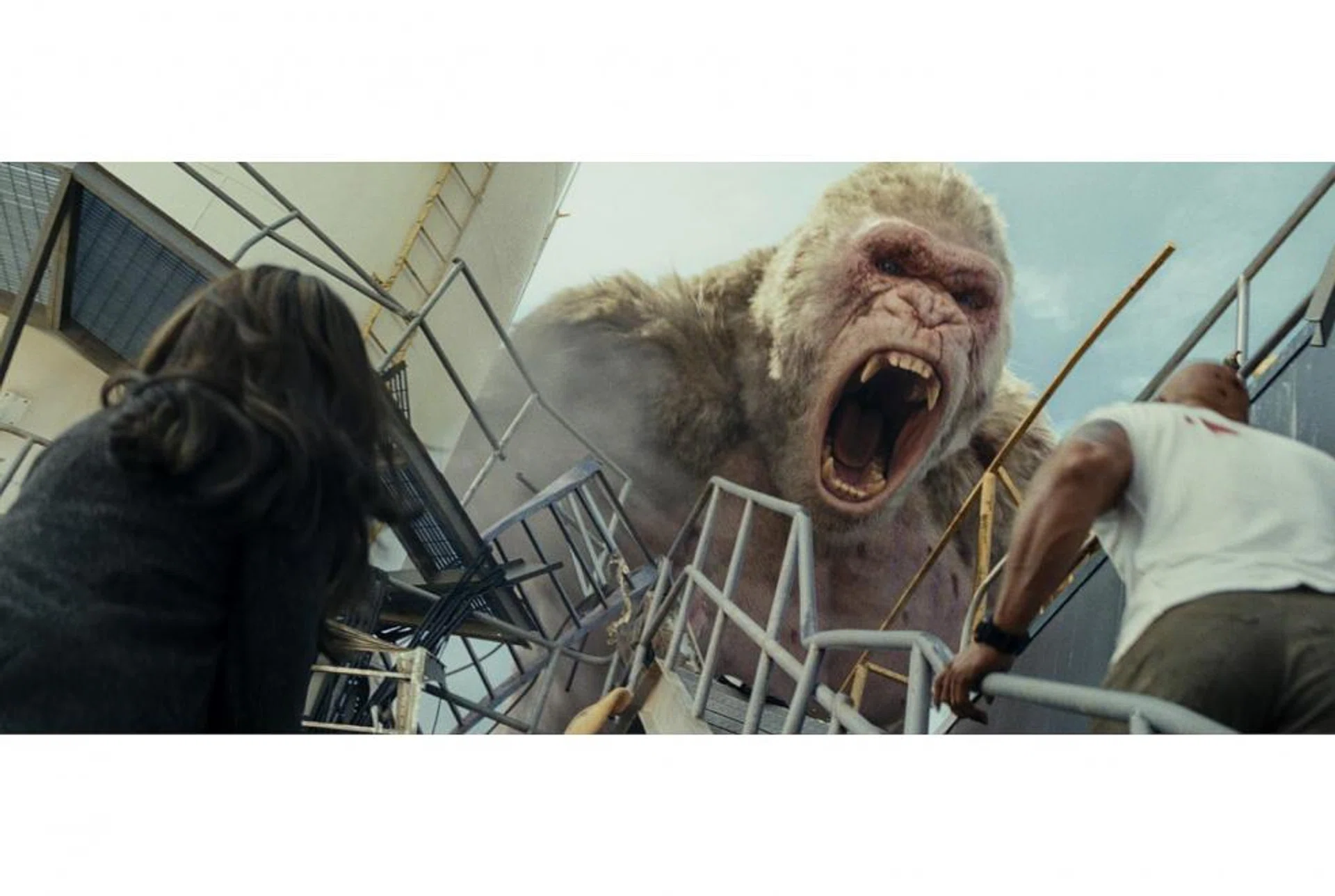 (From left) Naomie Harris as Dr Kate Caldwell and Dwayne Johnson as Davis Okoye face off with George in Rampage. 