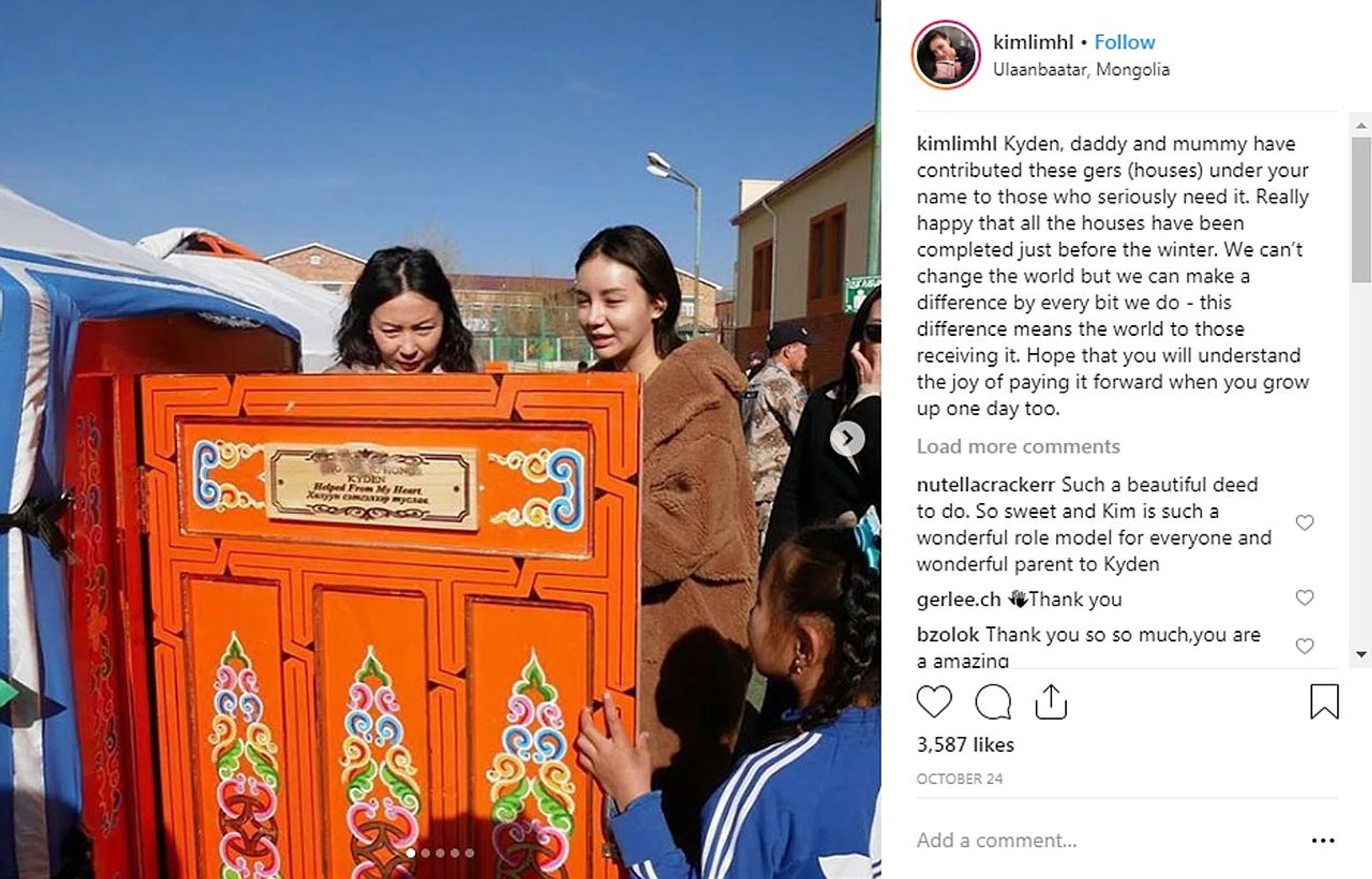 Ms Kim Lim (right) with one of the gers, or houses, she donated to the homeless in Mongolia. 