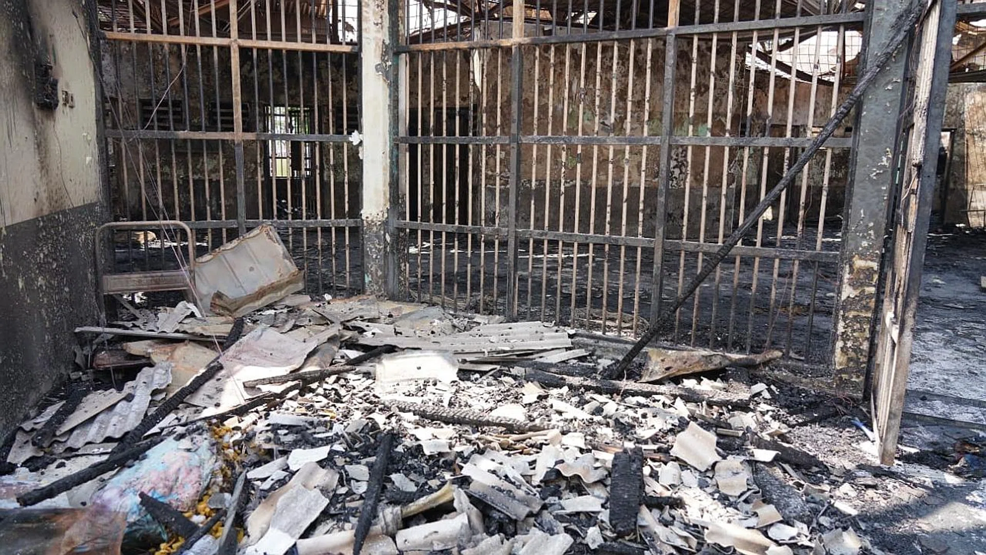 The aftermath of a fire at Indonesia's Tangerang Prison where 122 inmates were detained on drug-related offences in a block built to hold 38. 