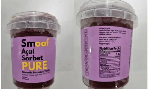 Smoof Acai Sorbet Pure recalled due to undeclared milk allergen