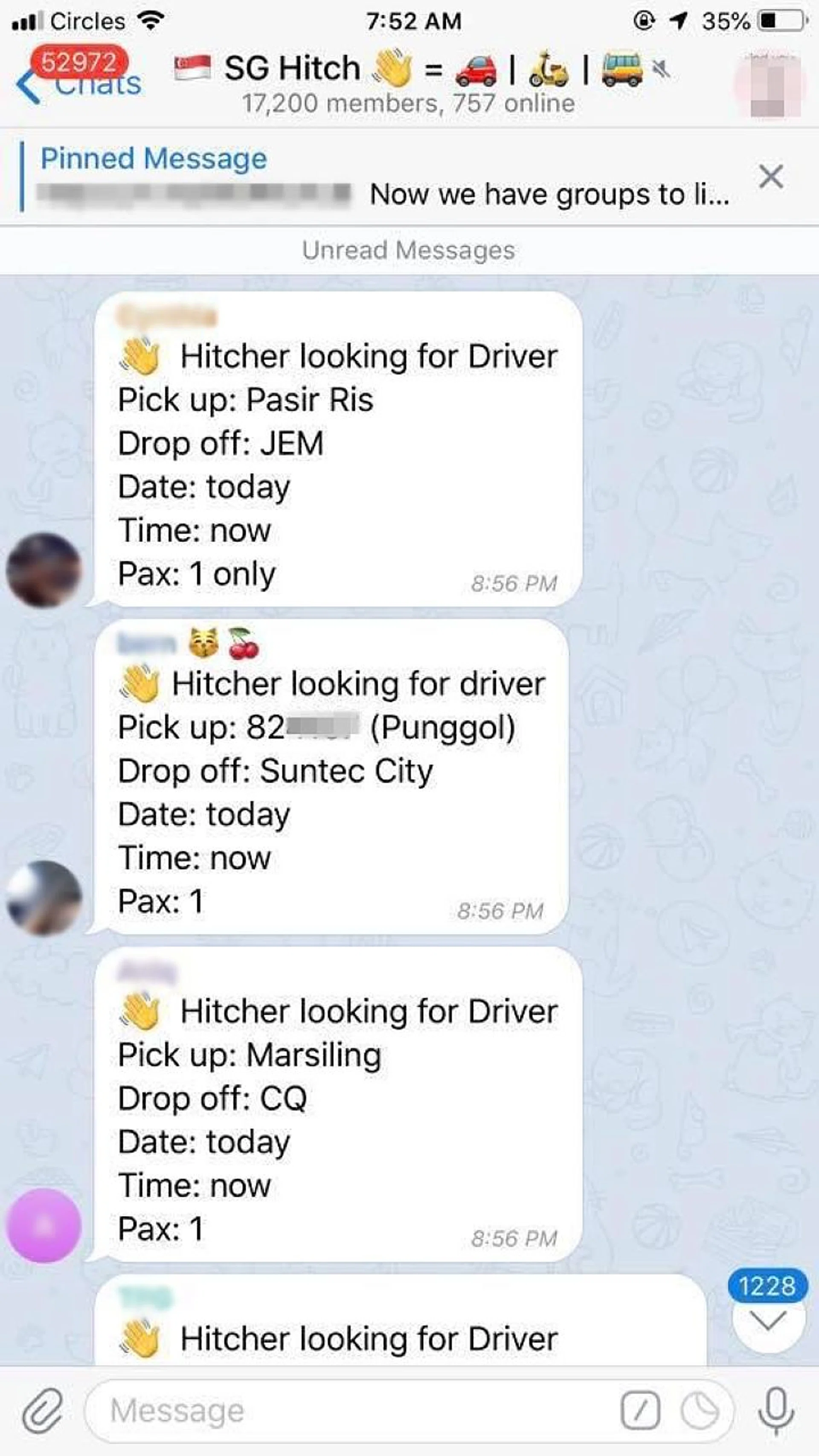 When The New Paper checked the Telegram chat group SGHitch yesterday, it was still operating, albeit with fewer postings by drivers. 